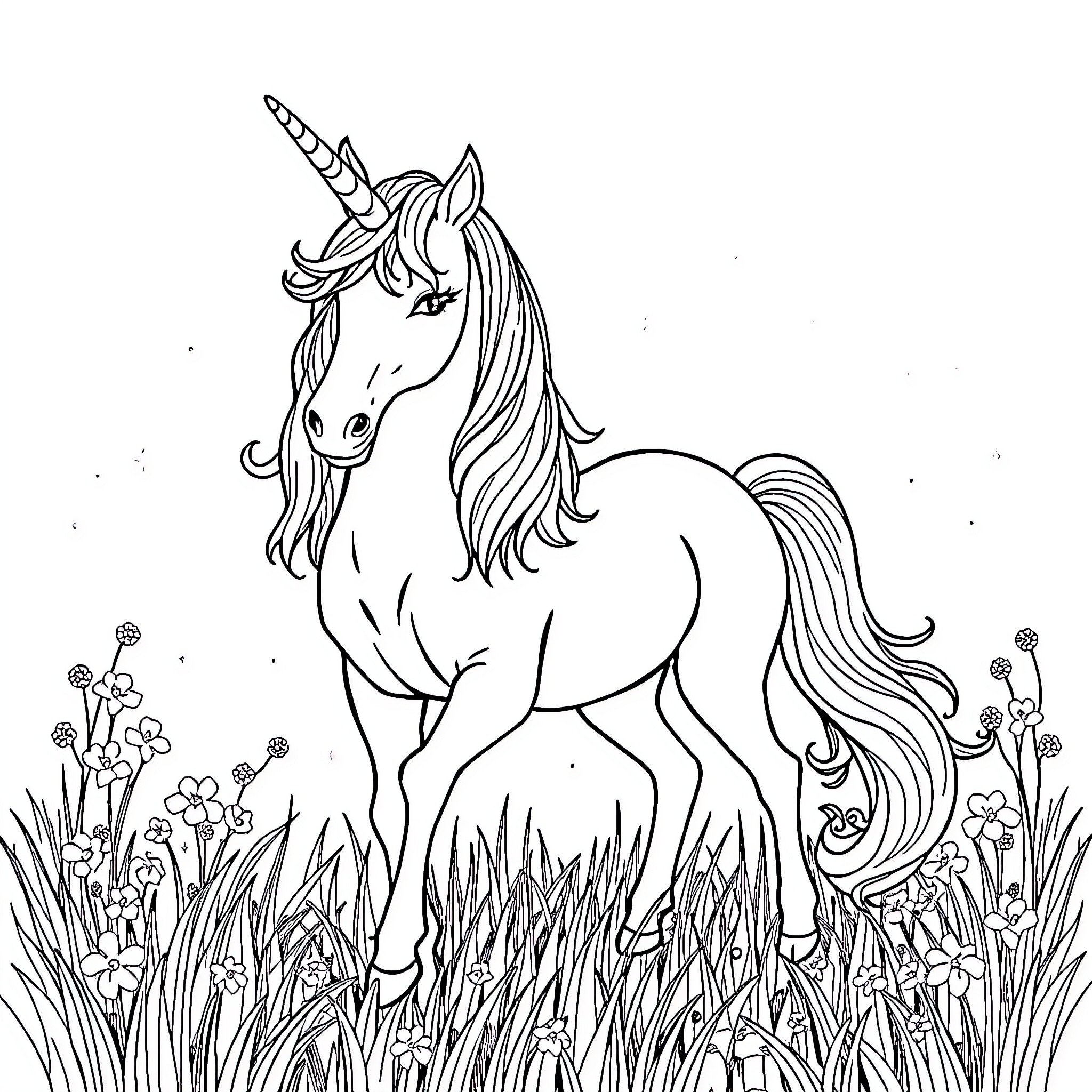 Unicorn standing amidst a flower-filled meadow Coloring Page (free black-and-white line drawing printable PDF for all, from beginners to advanced learners, including children, teens, adults, and seniors)