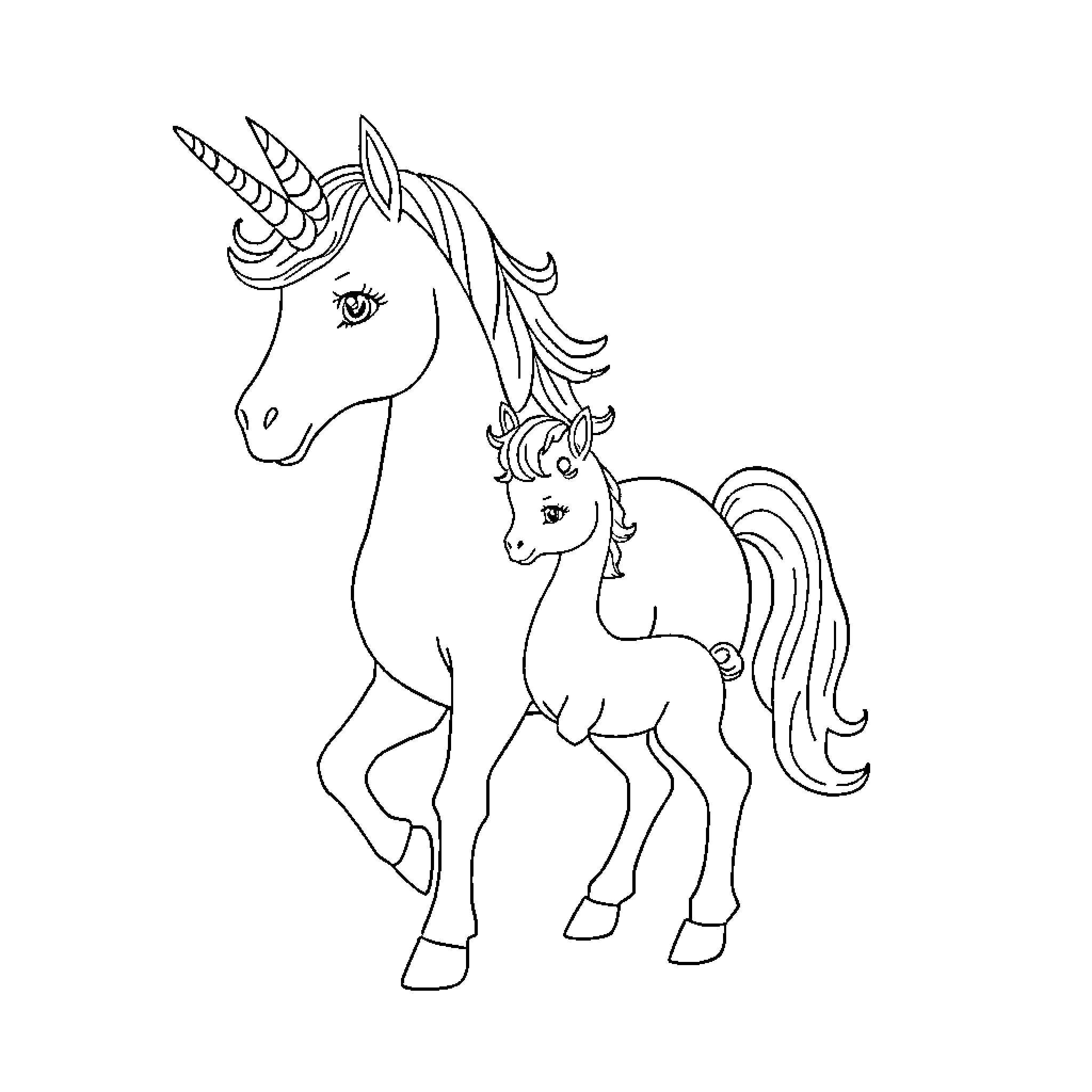 Unicorn mother and calf standing together Coloring Page (free black-and-white line drawing printable PDF for all, from beginners to advanced learners, including children, teens, adults, and seniors)