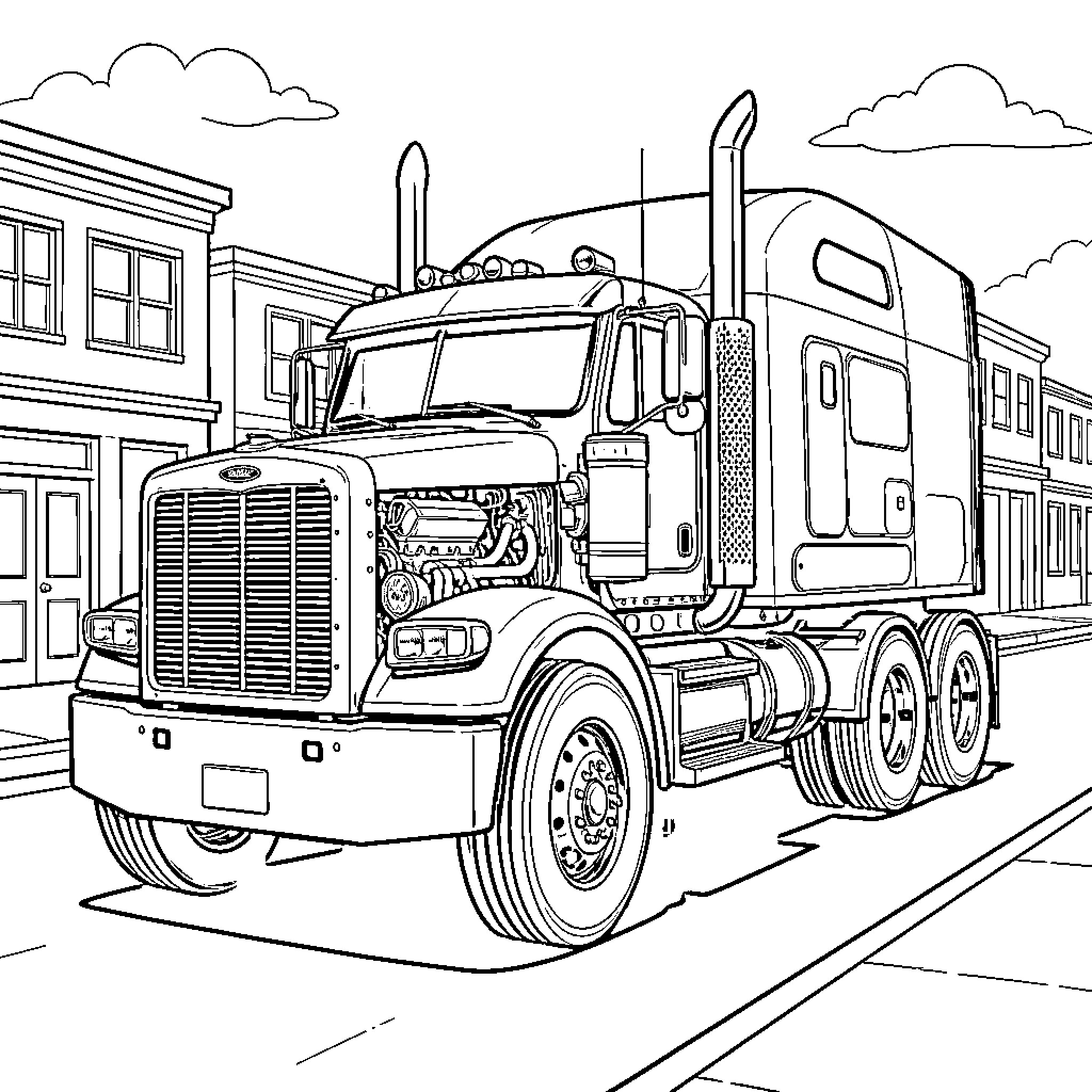 Truck parked on a city street near buildings Coloring Page (free black-and-white line drawing printable PDF for all, from beginners to advanced learners, including children, teens, adults, and seniors)