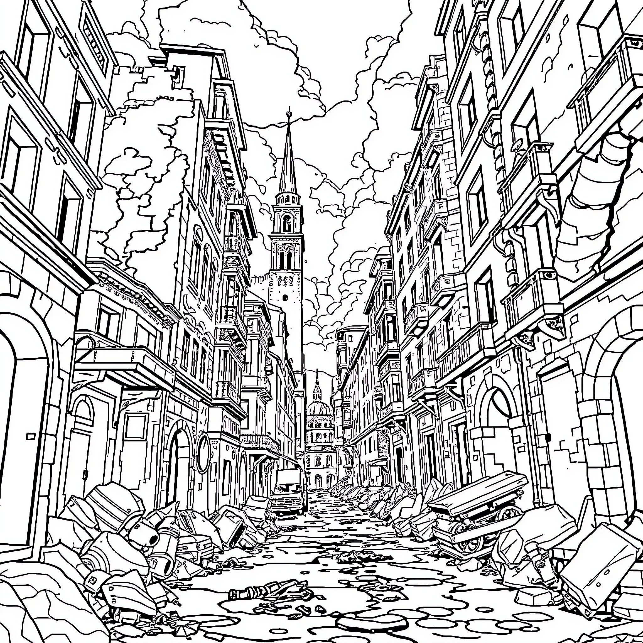 Espadachin's Journey Through the Ruins of a Bustling City Coloring Page (free black-and-white line drawing printable PDF for all, from beginners to advanced learners, including children, teens, adults, and seniors)