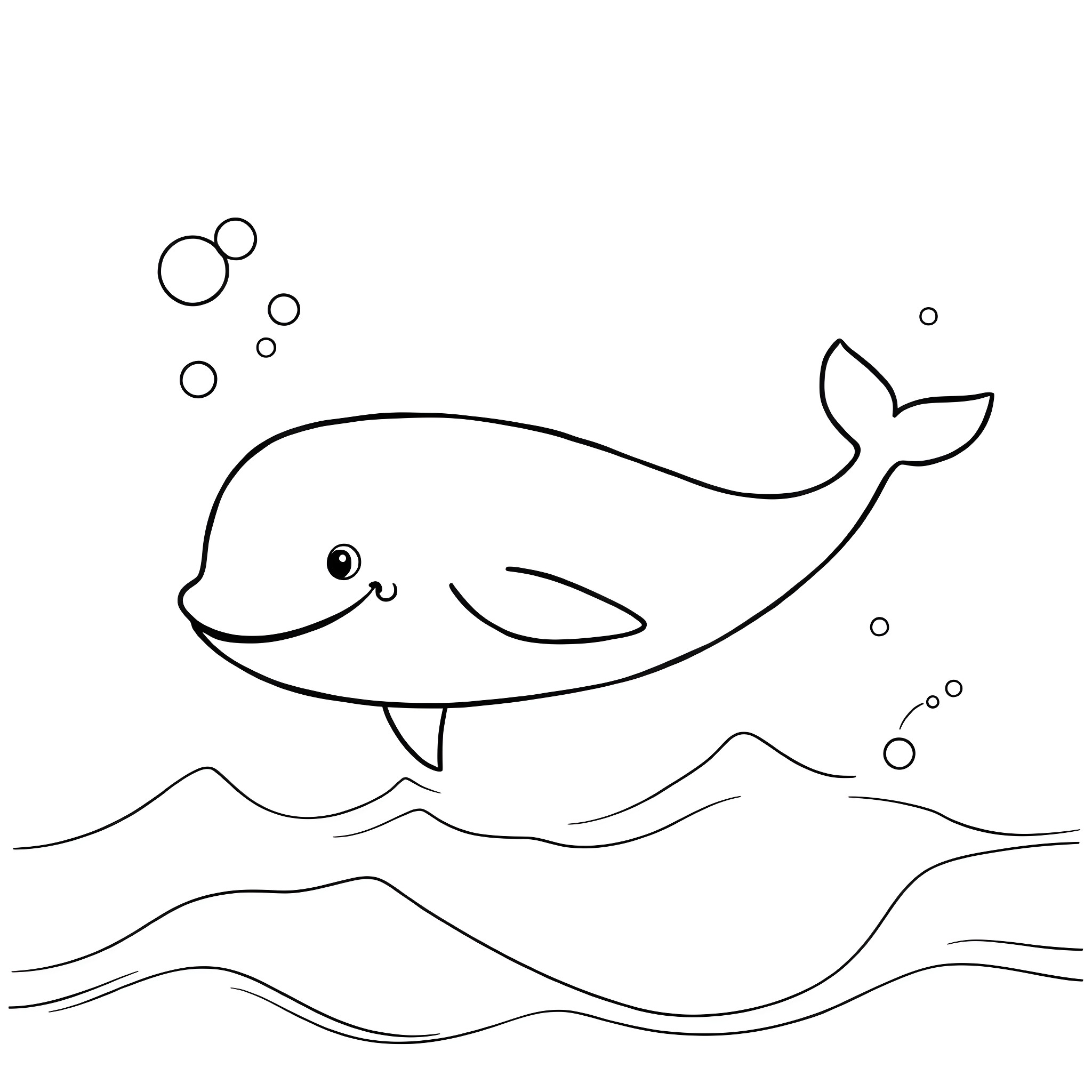Whale happily swimming in the ocean Coloring Page (free black-and-white line drawing printable PDF for all, from beginners to advanced learners, including children, teens, adults, and seniors)