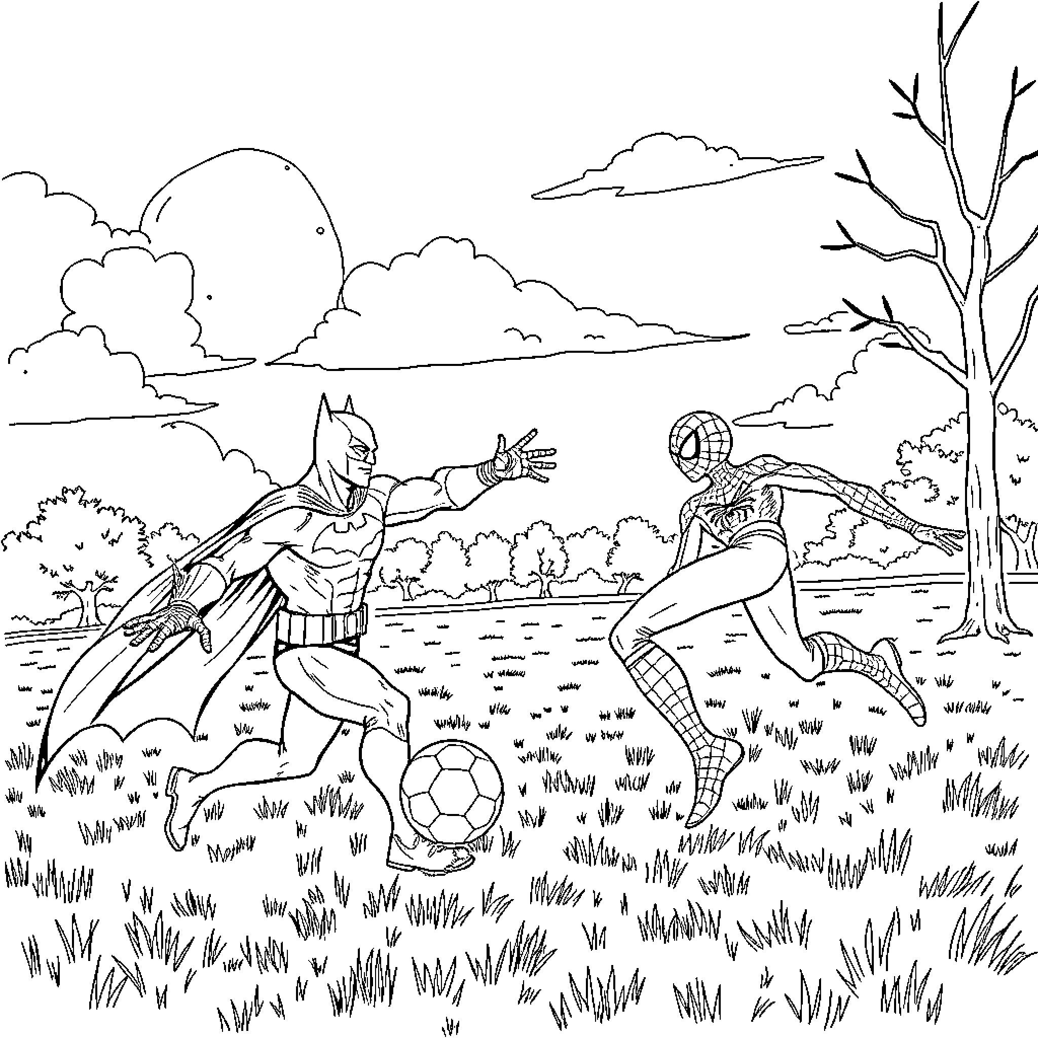 Batman and Spiderman Playing Soccer in the Park Coloring Page (free black-and-white line drawing printable PDF for all, from beginners to advanced learners, including children, teens, adults, and seniors)