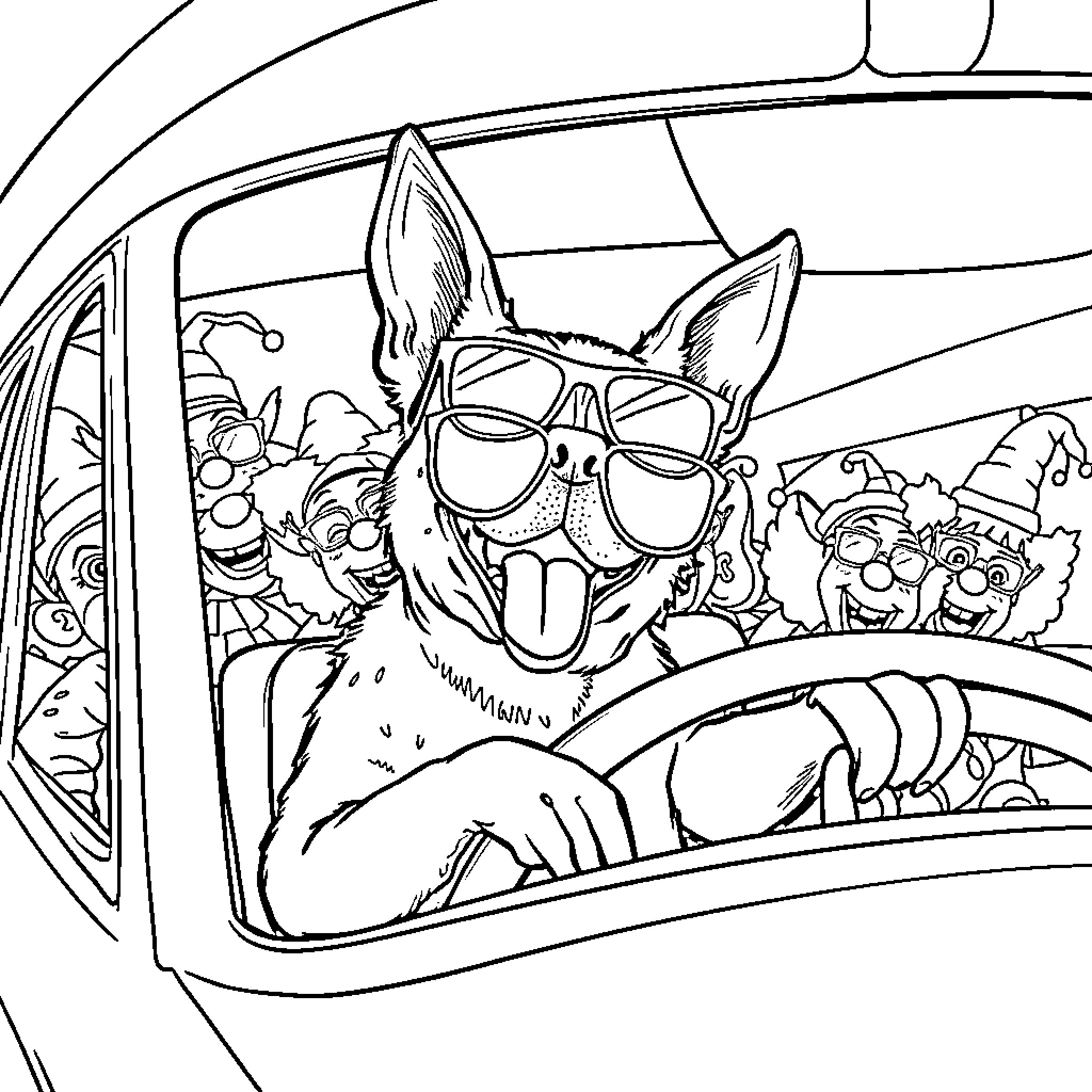 Dog driving car with funny passengers Coloring Page (free black-and-white line drawing printable PDF for all, from beginners to advanced learners, including children, teens, adults, and seniors)