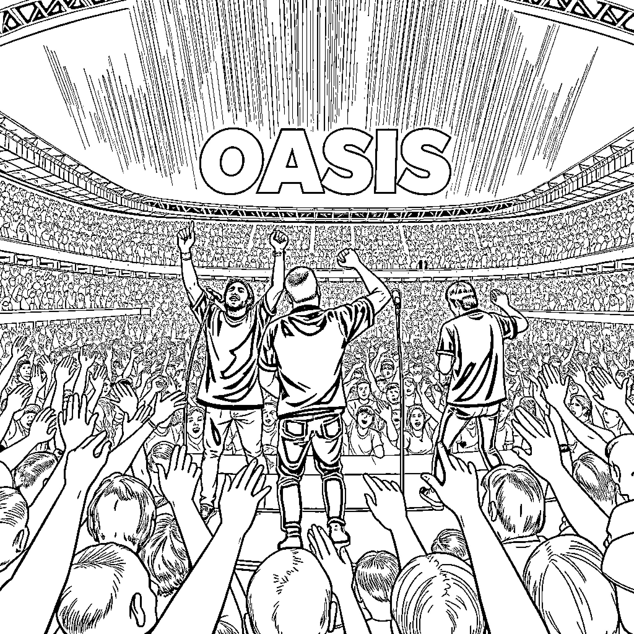 Oasis concert with enthusiastic crowd Coloring Page (free black-and-white line drawing printable PDF for all, from beginners to advanced learners, including children, teens, adults, and seniors)
