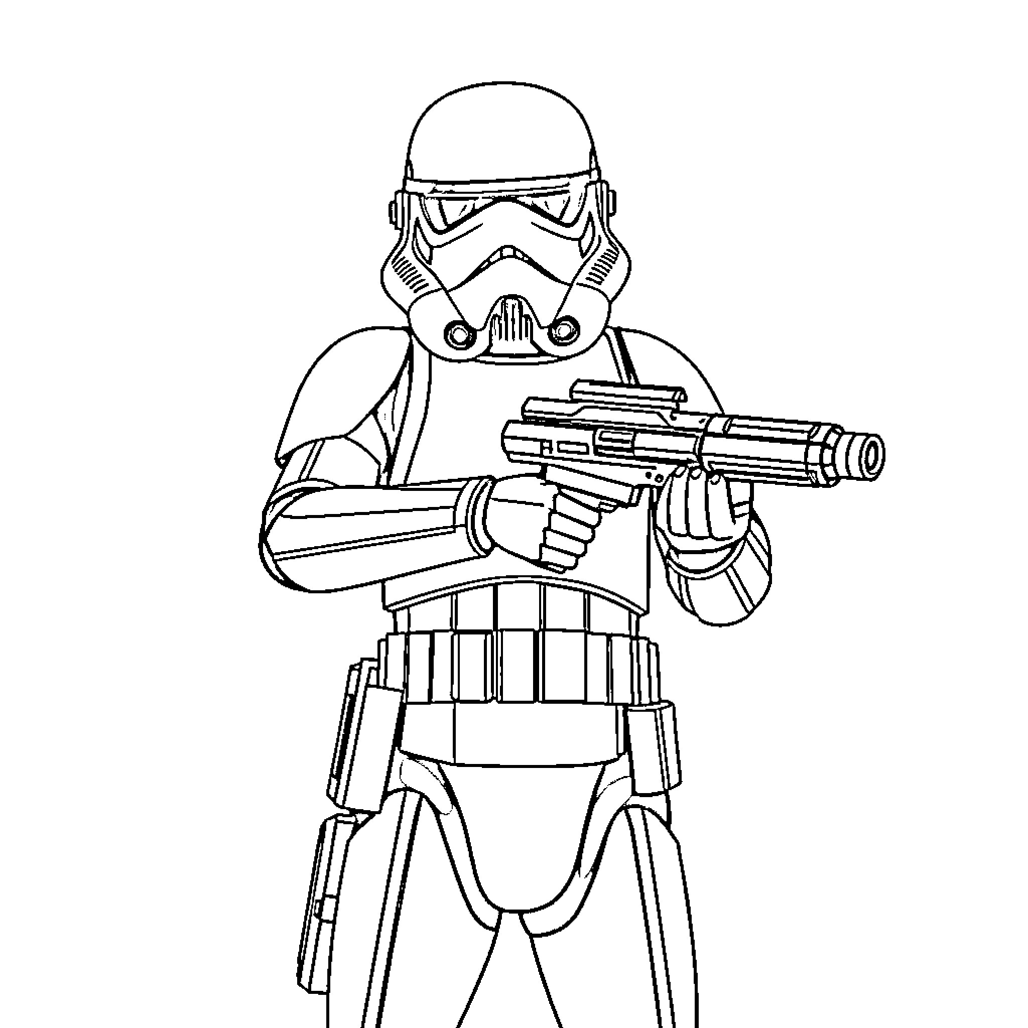 Storm Trooper Holding Futuristic Weapon Coloring Page (free black-and-white line drawing printable PDF for all, from beginners to advanced learners, including children, teens, adults, and seniors)