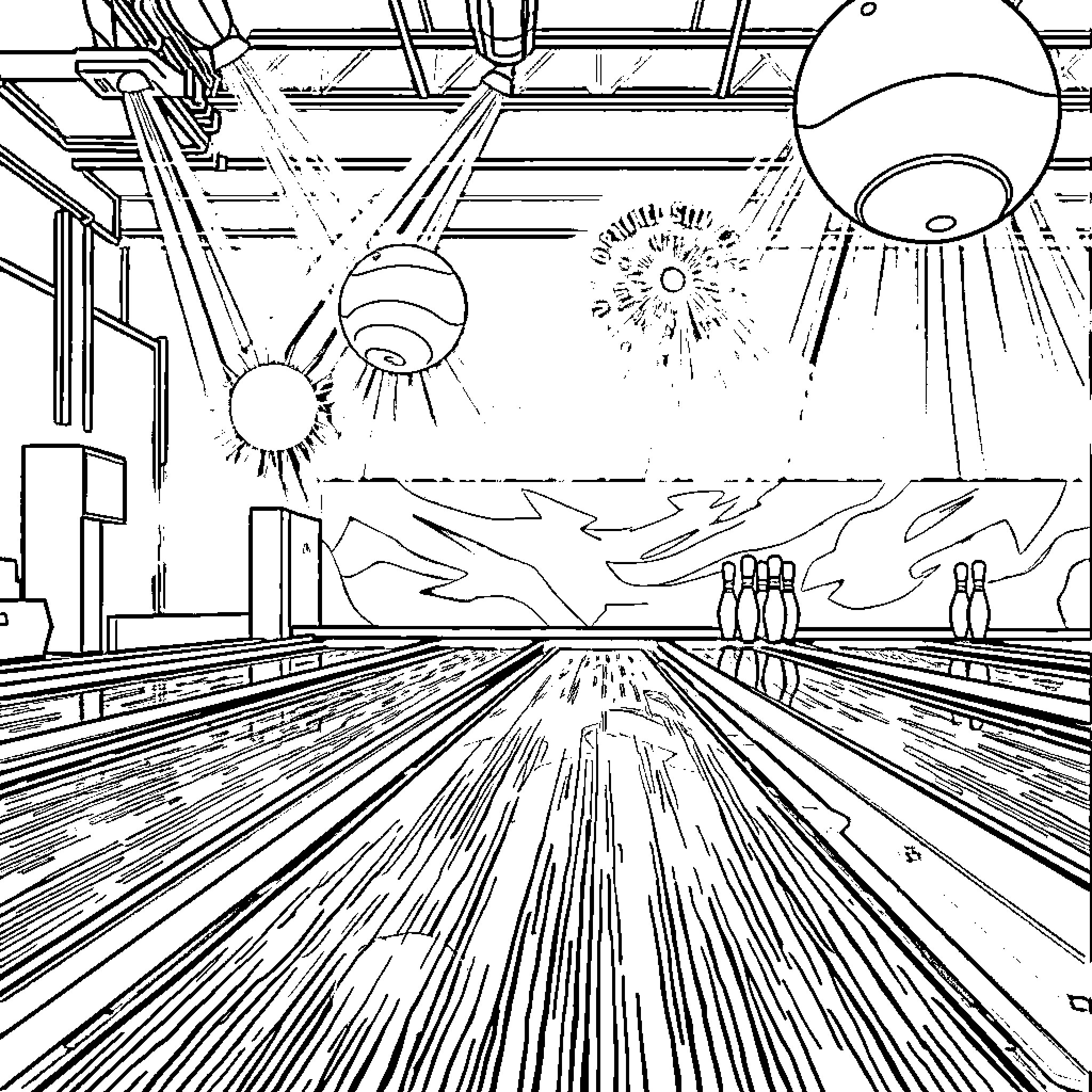 Bilmuri: Cosmic Bowling Alley Coloring Page (free black-and-white line drawing printable PDF for all, from beginners to advanced learners, including children, teens, adults, and seniors)