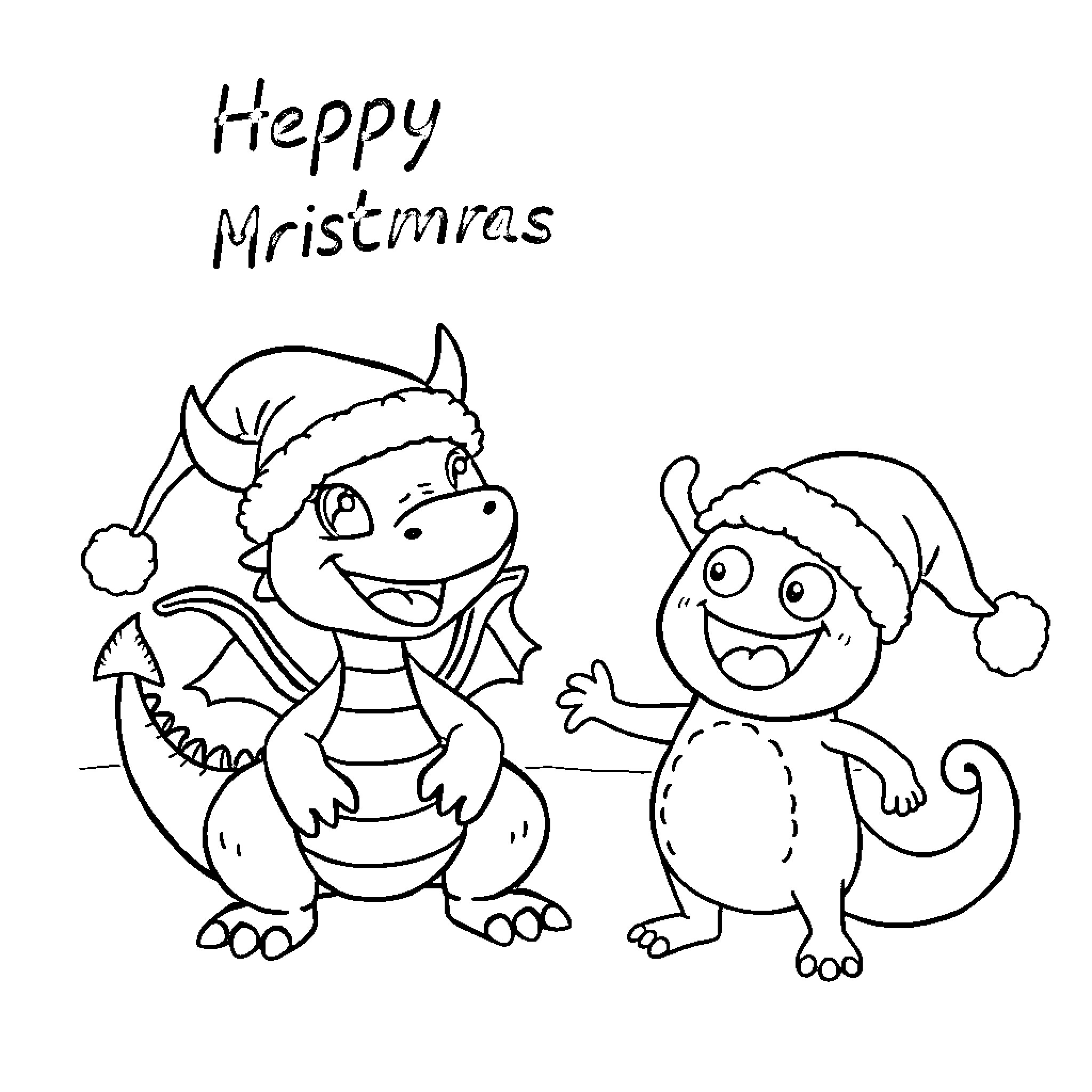 Dragon friends celebrate Merry Christmas Coloring Page (free black-and-white line drawing printable PDF for all, from beginners to advanced learners, including children, teens, adults, and seniors)