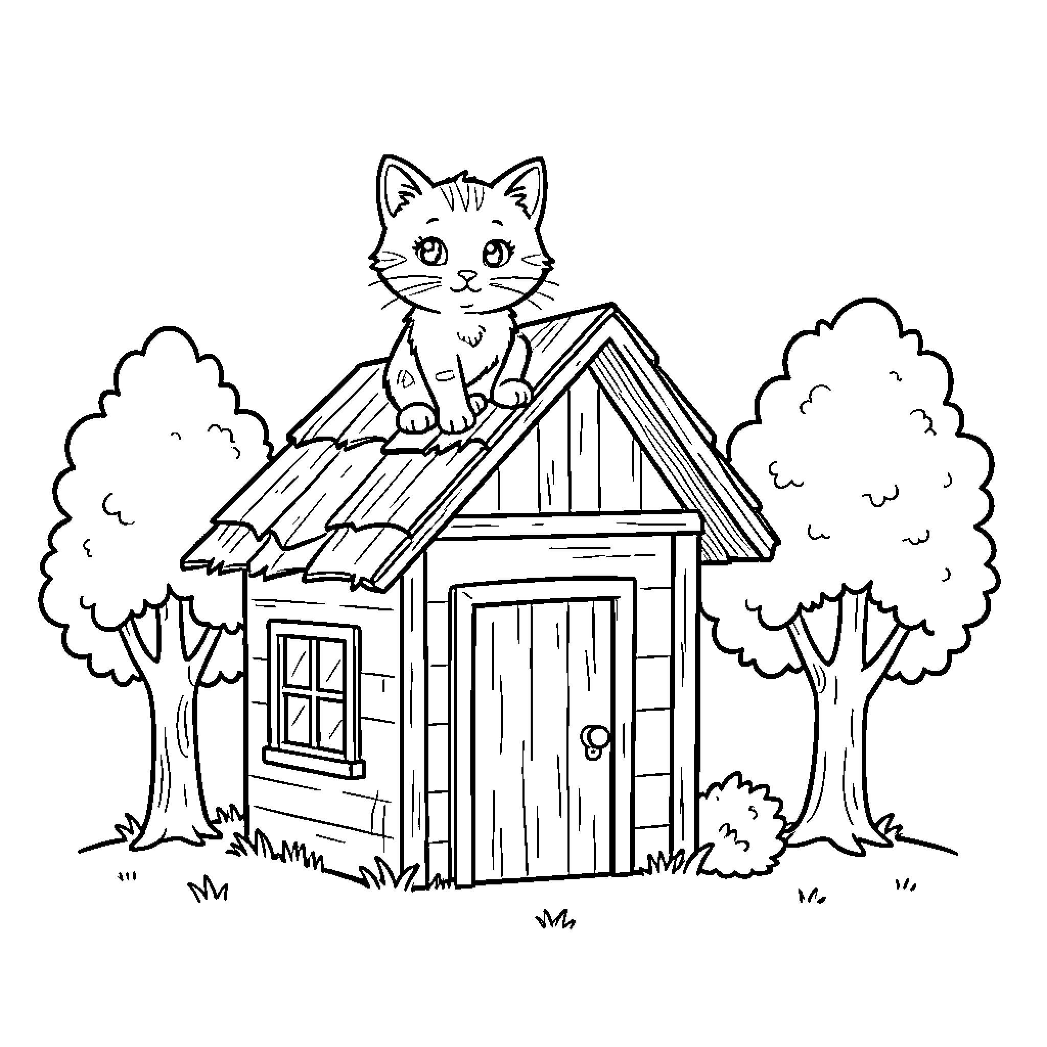 Katz Explores Cozy Cottage in Woodland Coloring Page (free black-and-white line drawing printable PDF for all, from beginners to advanced learners, including children, teens, adults, and seniors)