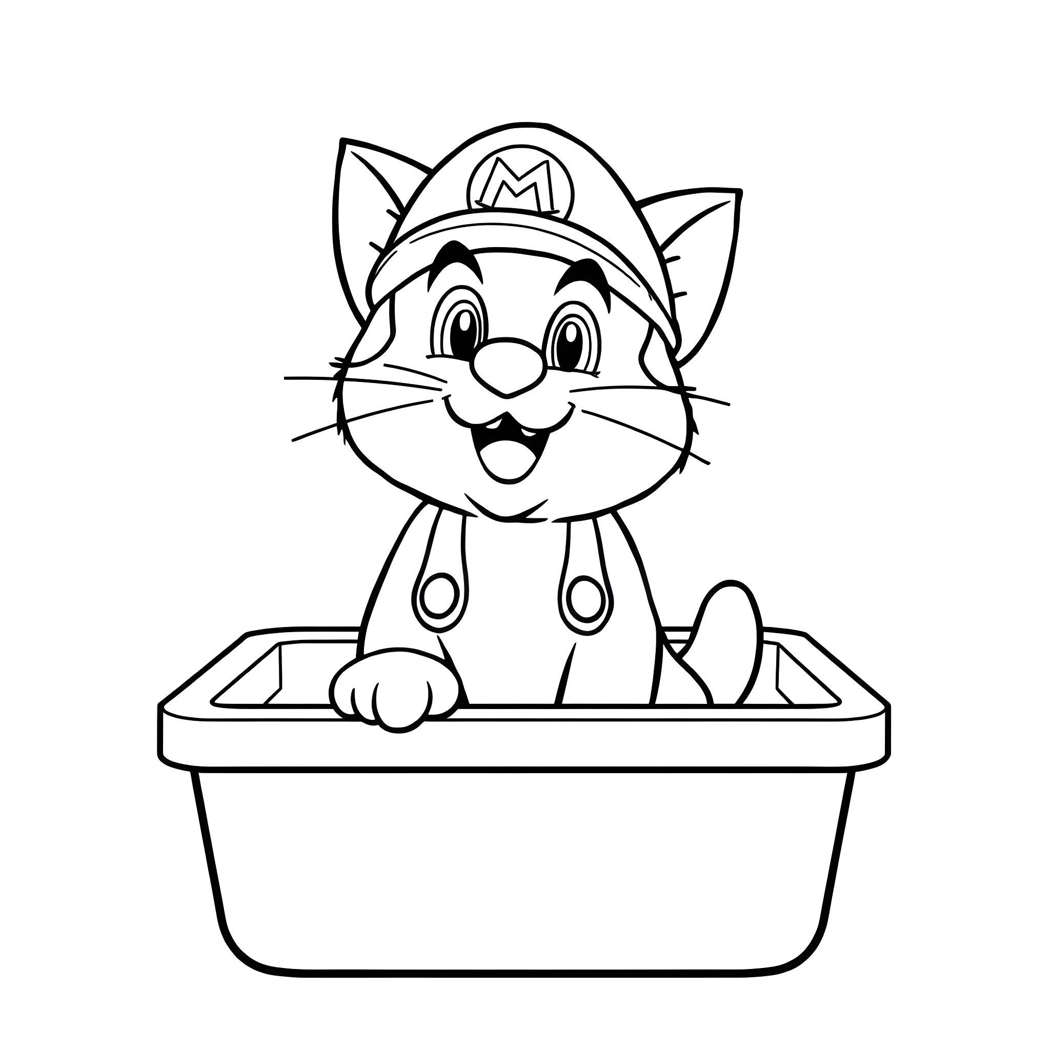 Cat Mario in a toolbox Coloring Page (free black-and-white line drawing printable PDF for all, from beginners to advanced learners, including children, teens, adults, and seniors)