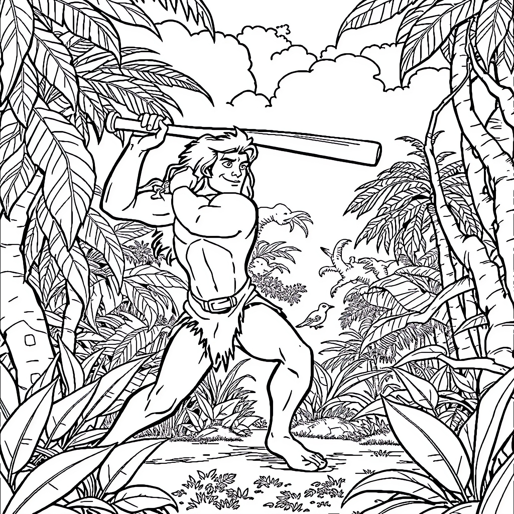Tarzan swinging through the jungle with his trusty spear Coloring Page (free black-and-white line drawing printable PDF for all, from beginners to advanced learners, including children, teens, adults, and seniors)