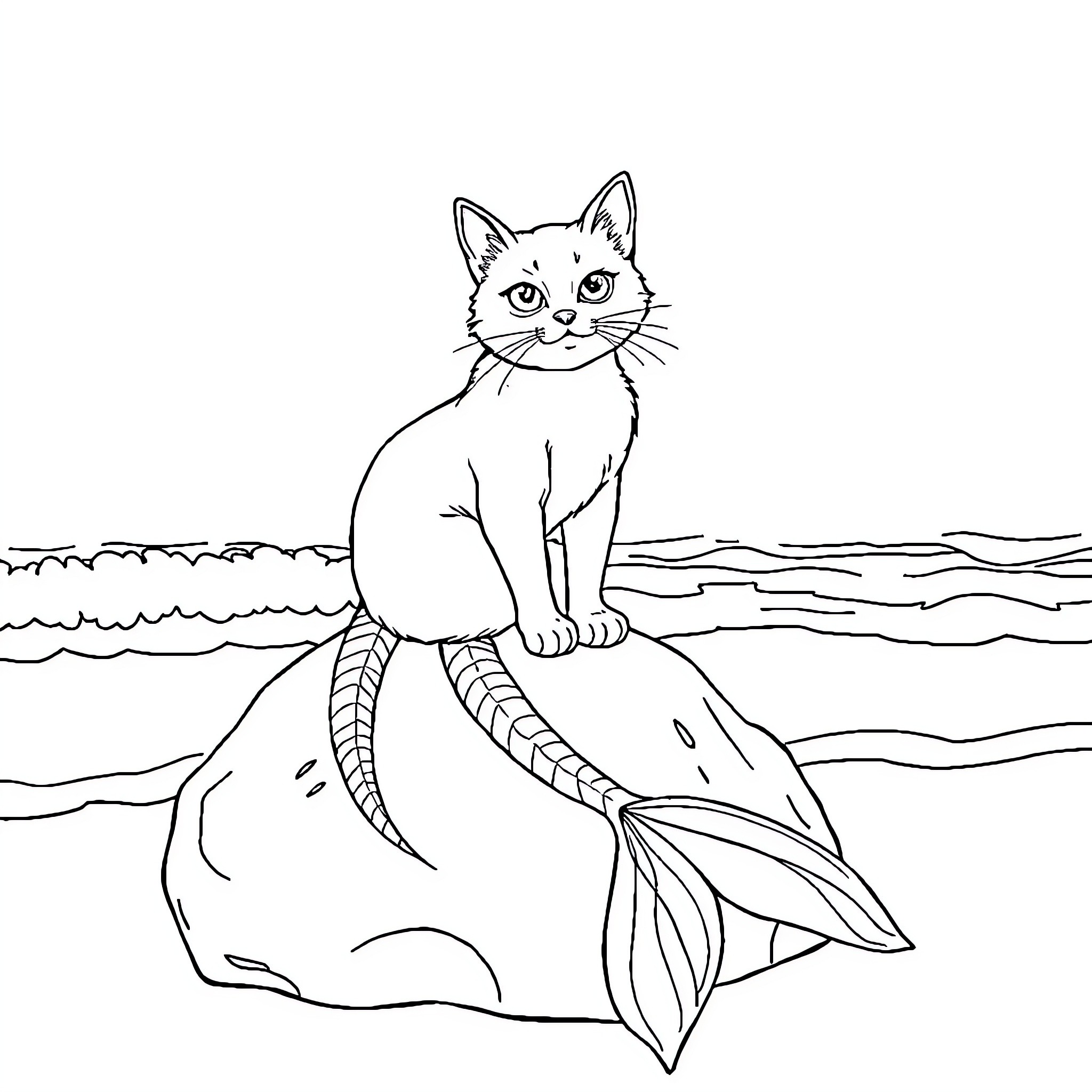 Cat as a mermaid on the shore Coloring Page (free black-and-white line drawing printable PDF for all, from beginners to advanced learners, including children, teens, adults, and seniors)