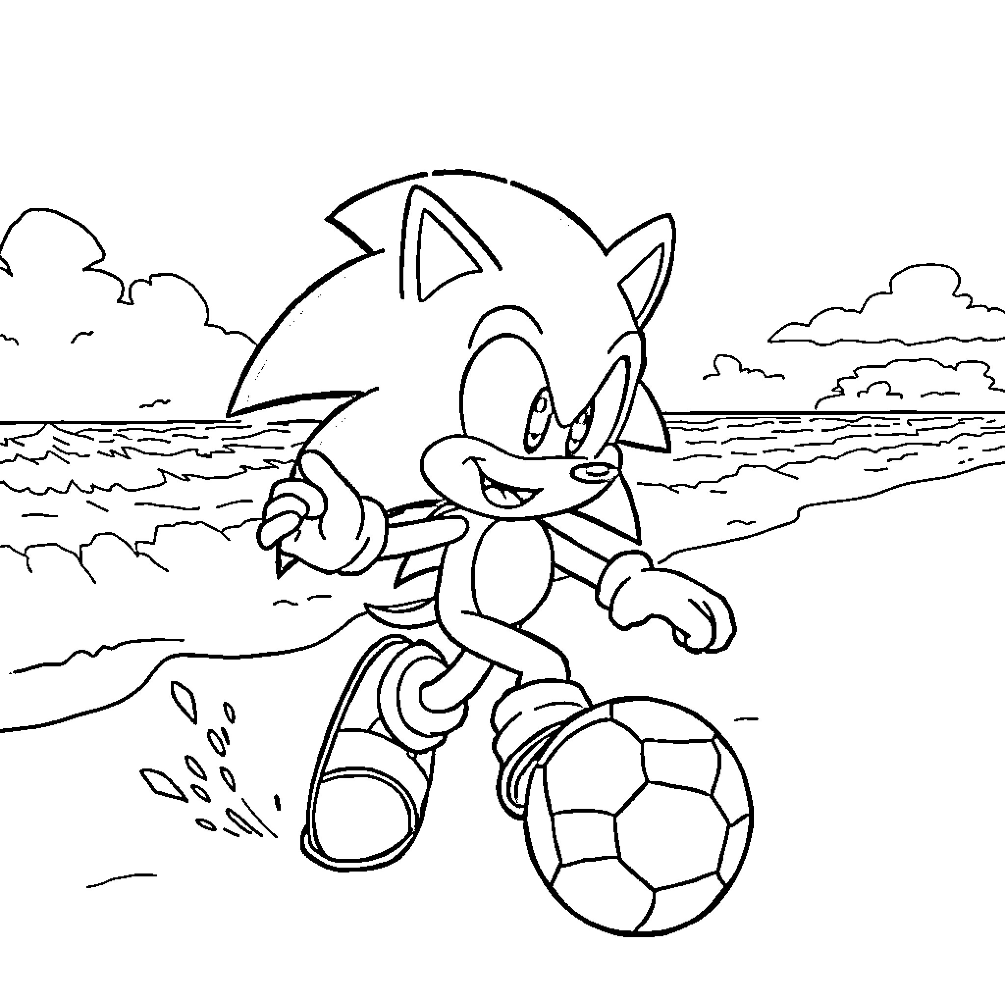 Sonic playing with soccer ball on the beach Coloring Page (free black-and-white line drawing printable PDF for all, from beginners to advanced learners, including children, teens, adults, and seniors)