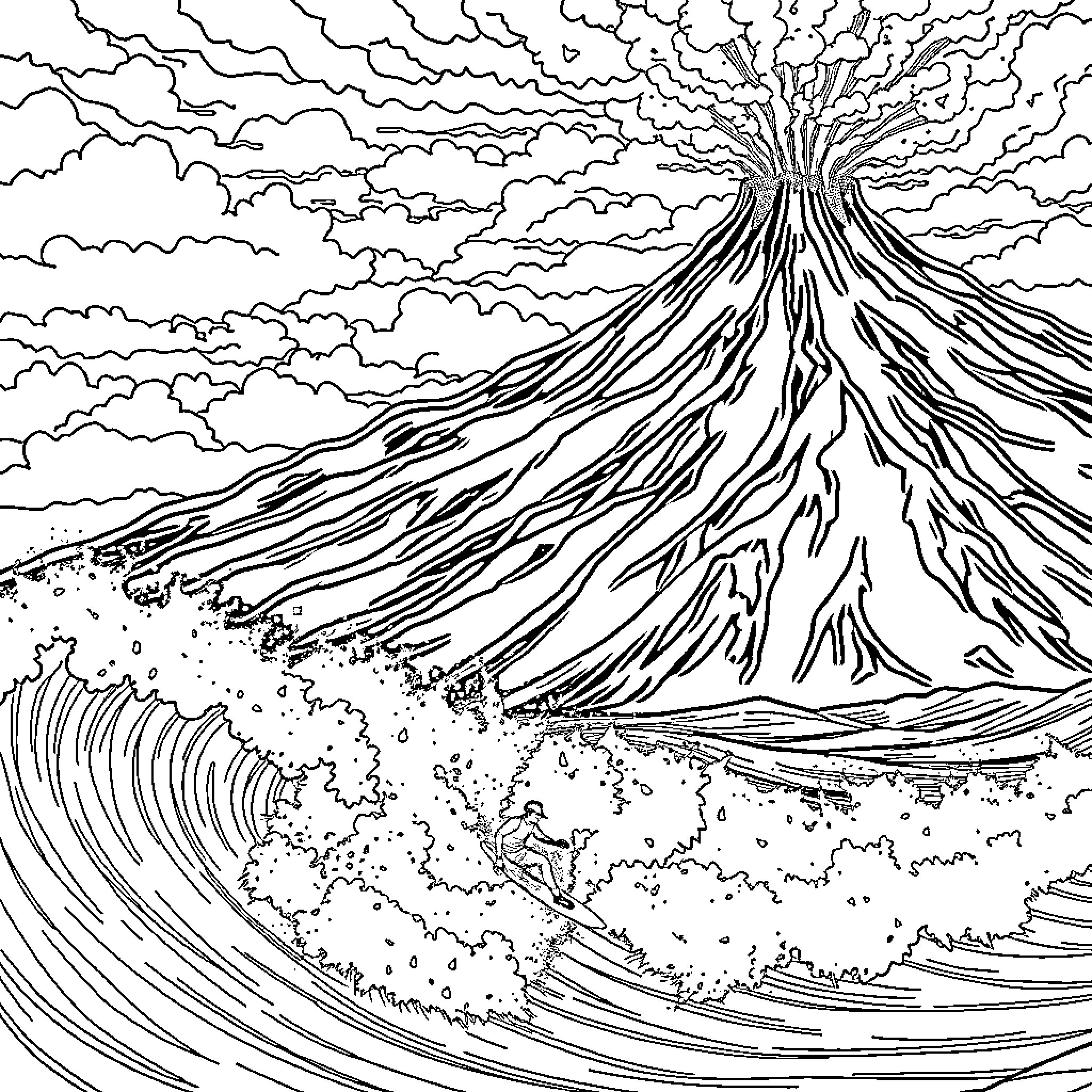 Surfer riding a massive wave near a volcanic eruption Coloring Page (free black-and-white line drawing printable PDF for all, from beginners to advanced learners, including children, teens, adults, and seniors)