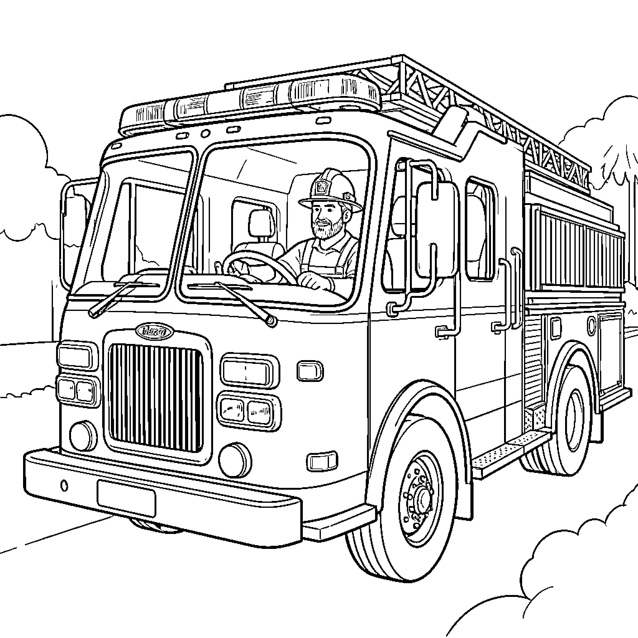 Fire Truck driven by a smiling firefighter Coloring Page (free black-and-white line drawing printable PDF for all, from beginners to advanced learners, including children, teens, adults, and seniors)