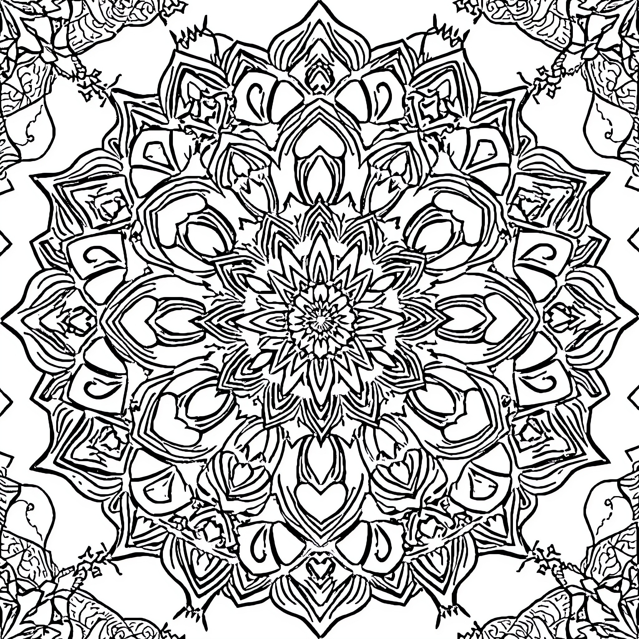 Mandala of intricate floral patterns and symmetrical shapes Coloring Page (free black-and-white line drawing printable PDF for all, from beginners to advanced learners, including children, teens, adults, and seniors)