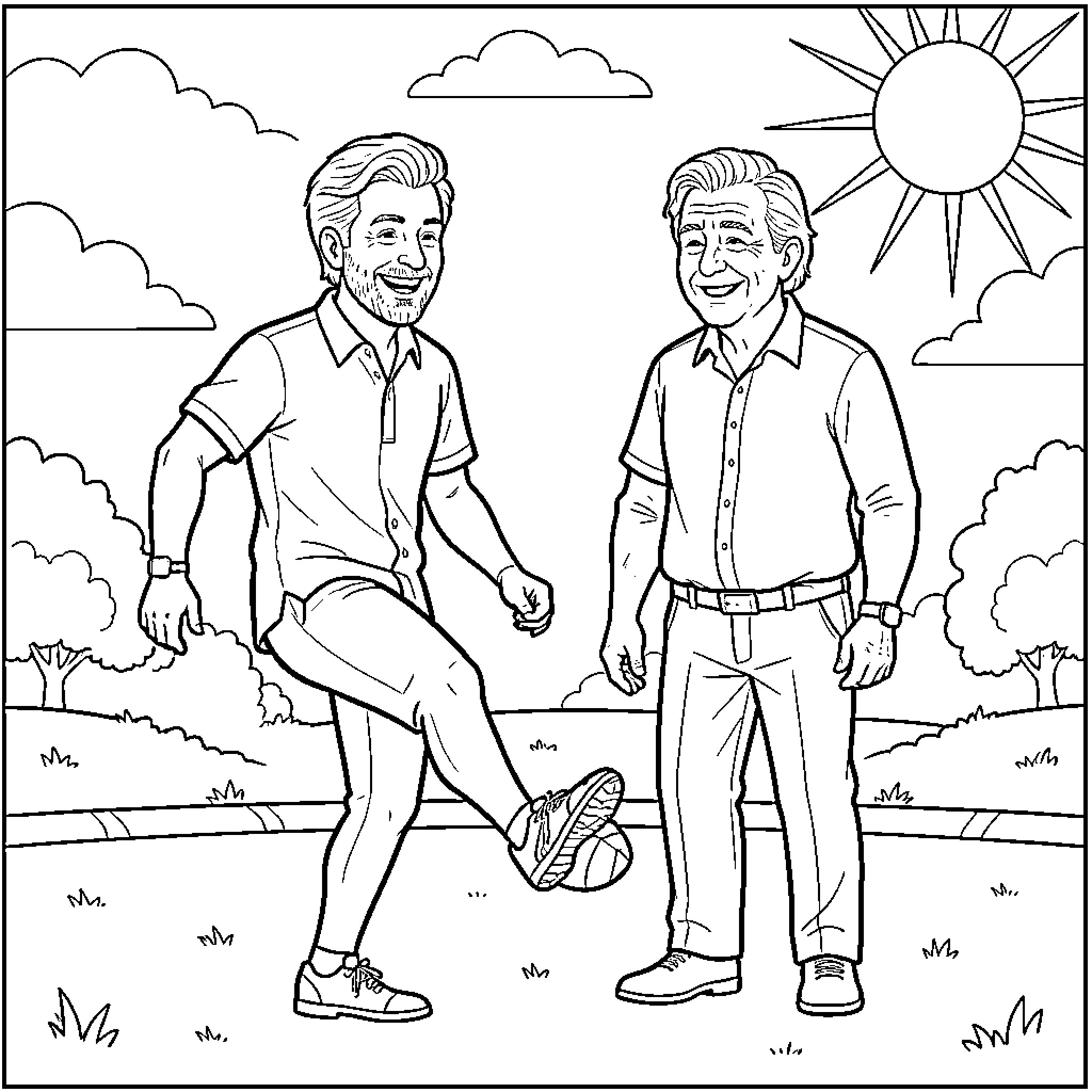 Charlie Kirk and companion enjoying outdoor scene Coloring Page (free black-and-white line drawing printable PDF for all, from beginners to advanced learners, including children, teens, adults, and seniors)