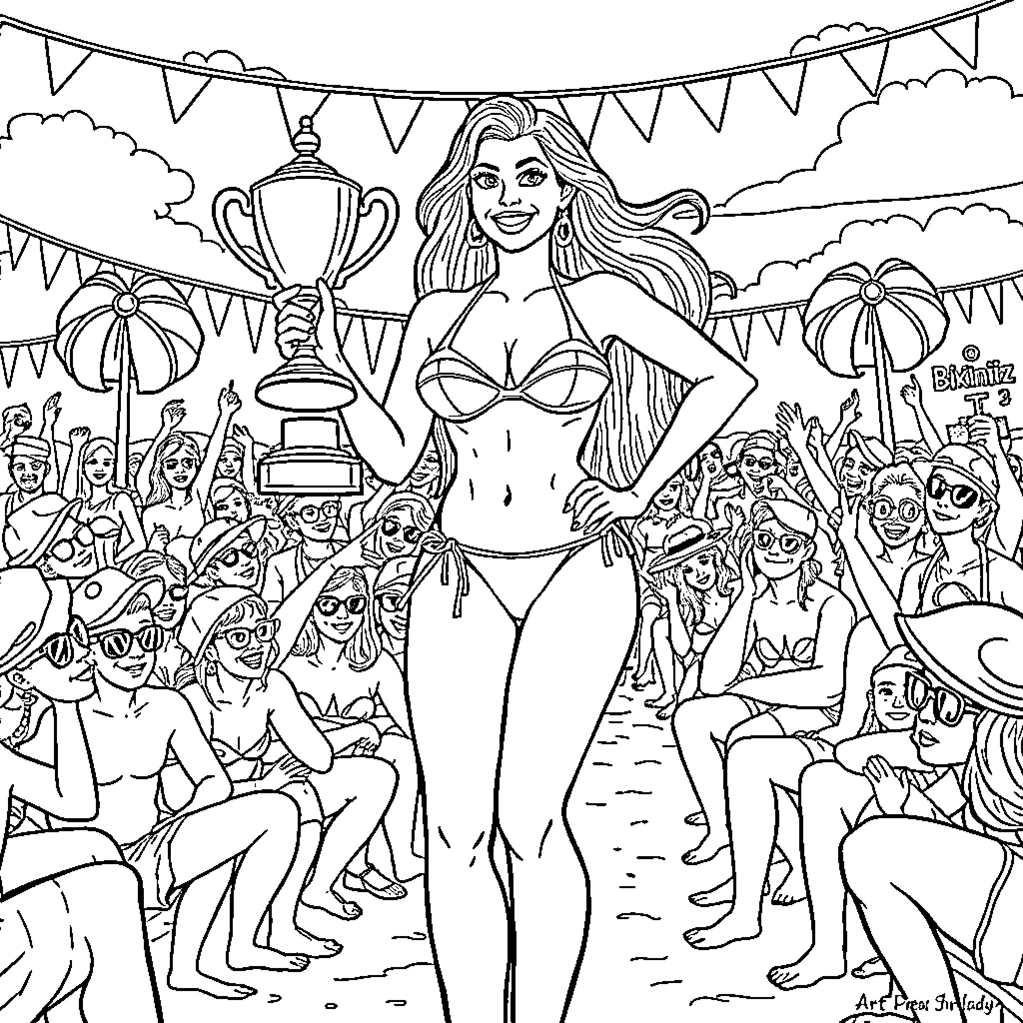 America Chavez celebrating victory with crowd Coloring Page (free black-and-white line drawing printable PDF for all, from beginners to advanced learners, including children, teens, adults, and seniors)
