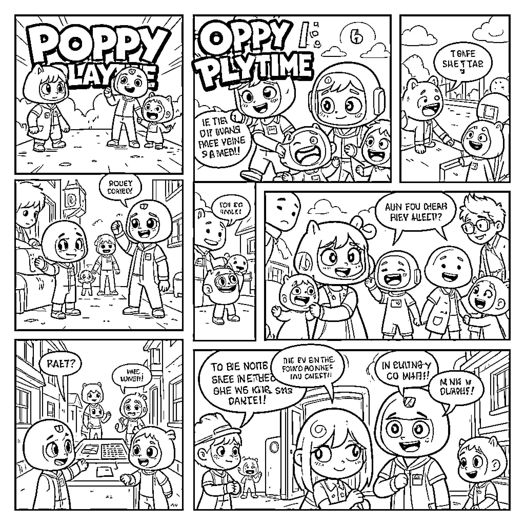 Poppy Playtime characters interacting in various cheerful scenes Coloring Page (free black-and-white line drawing printable PDF for all, from beginners to advanced learners, including children, teens, adults, and seniors)