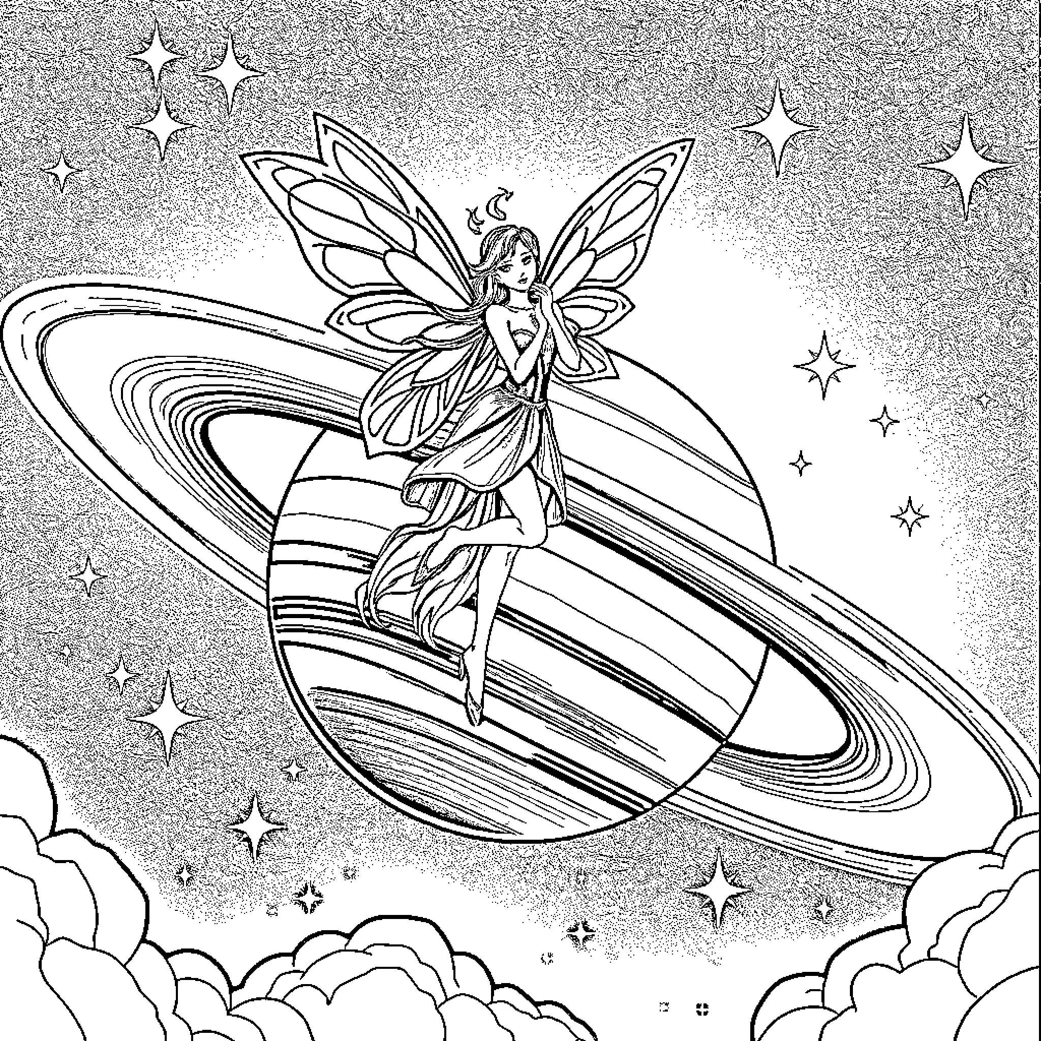Fairy gracefully soaring through the cosmic realm Coloring Page (free black-and-white line drawing printable PDF for all, from beginners to advanced learners, including children, teens, adults, and seniors)