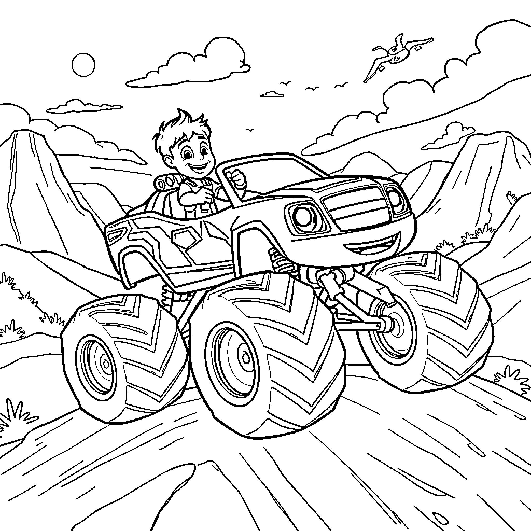 Blaze driving his monster truck through the mountains Coloring Page (free black-and-white line drawing printable PDF for all, from beginners to advanced learners, including children, teens, adults, and seniors)
