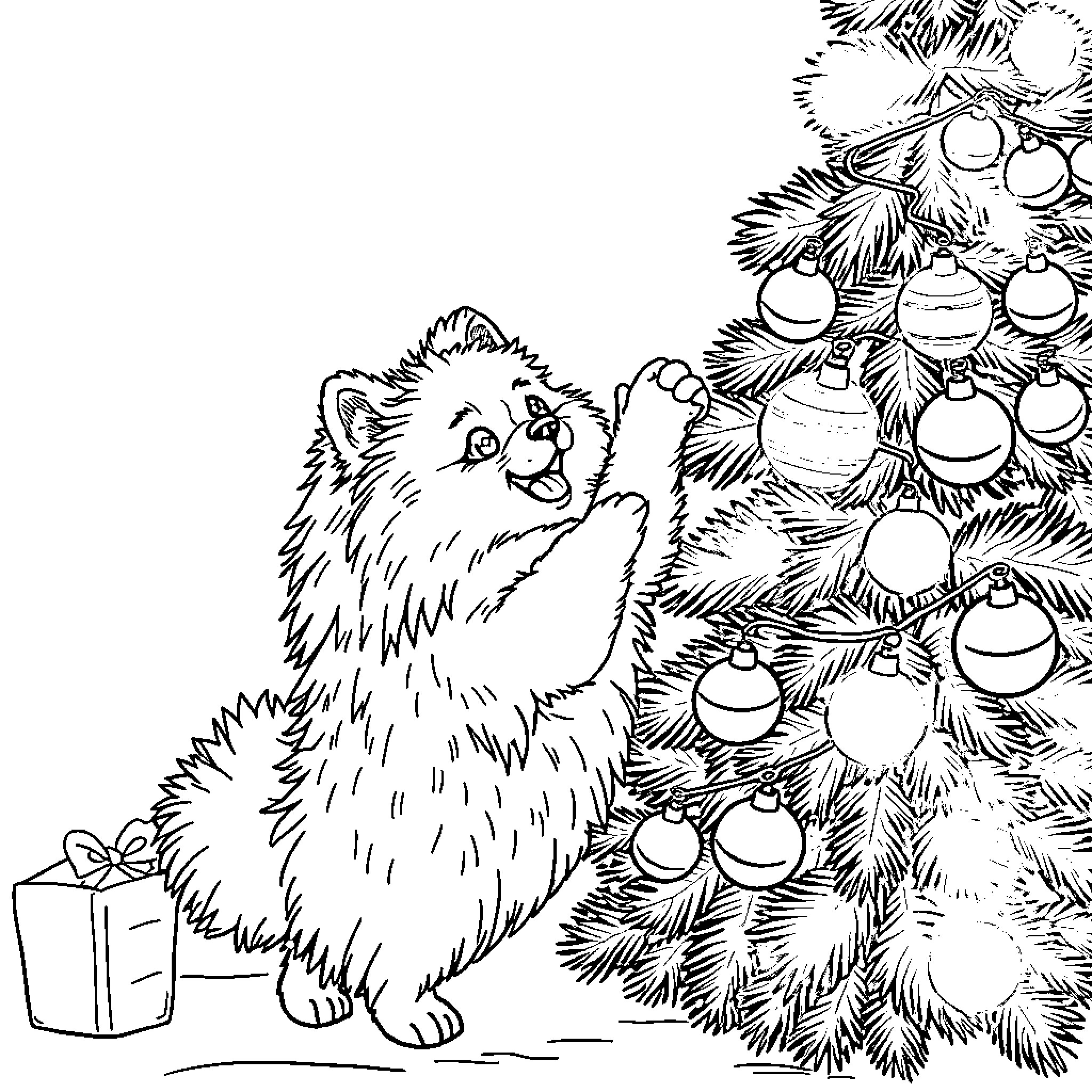 Pomeranian decorating a Christmas tree with ornaments Coloring Page (free black-and-white line drawing printable PDF for all, from beginners to advanced learners, including children, teens, adults, and seniors)