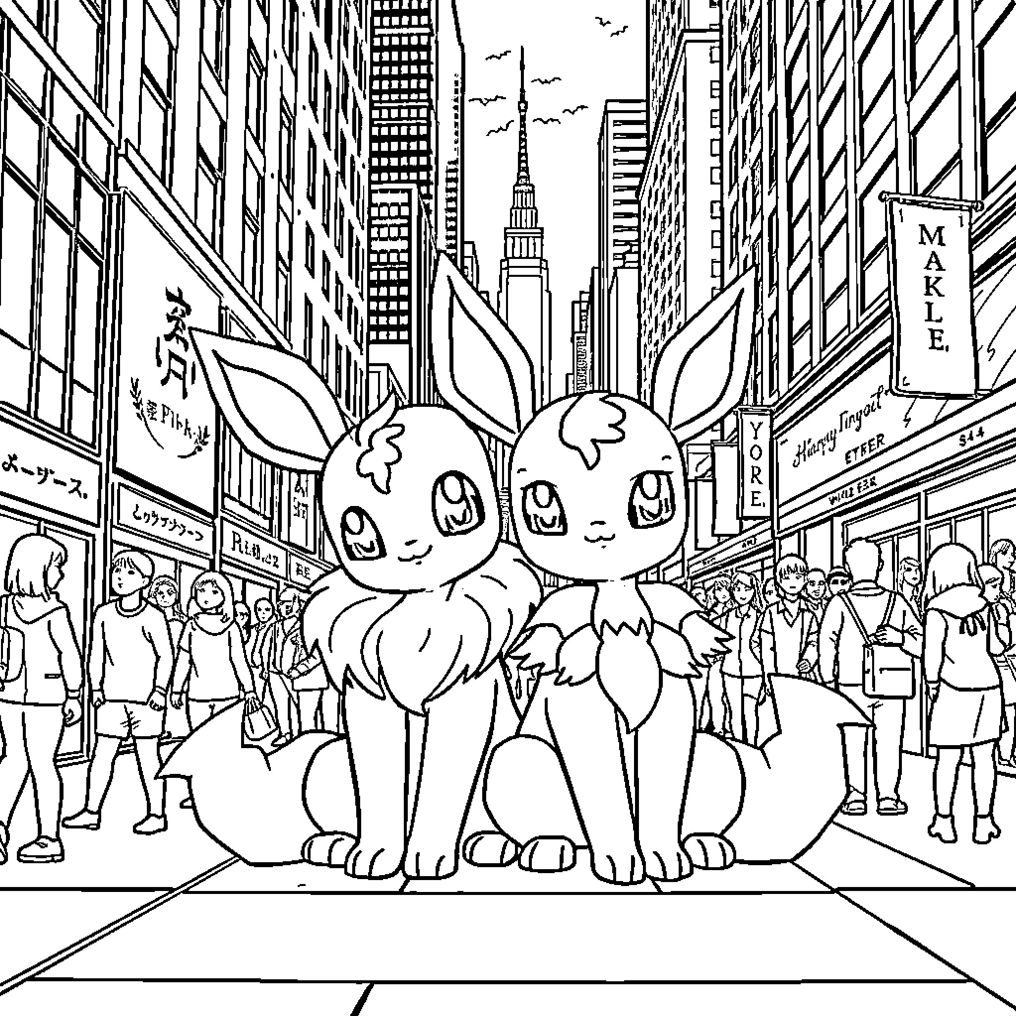 Espeon enjoying the city sights with friends Coloring Page (free black-and-white line drawing printable PDF for all, from beginners to advanced learners, including children, teens, adults, and seniors)