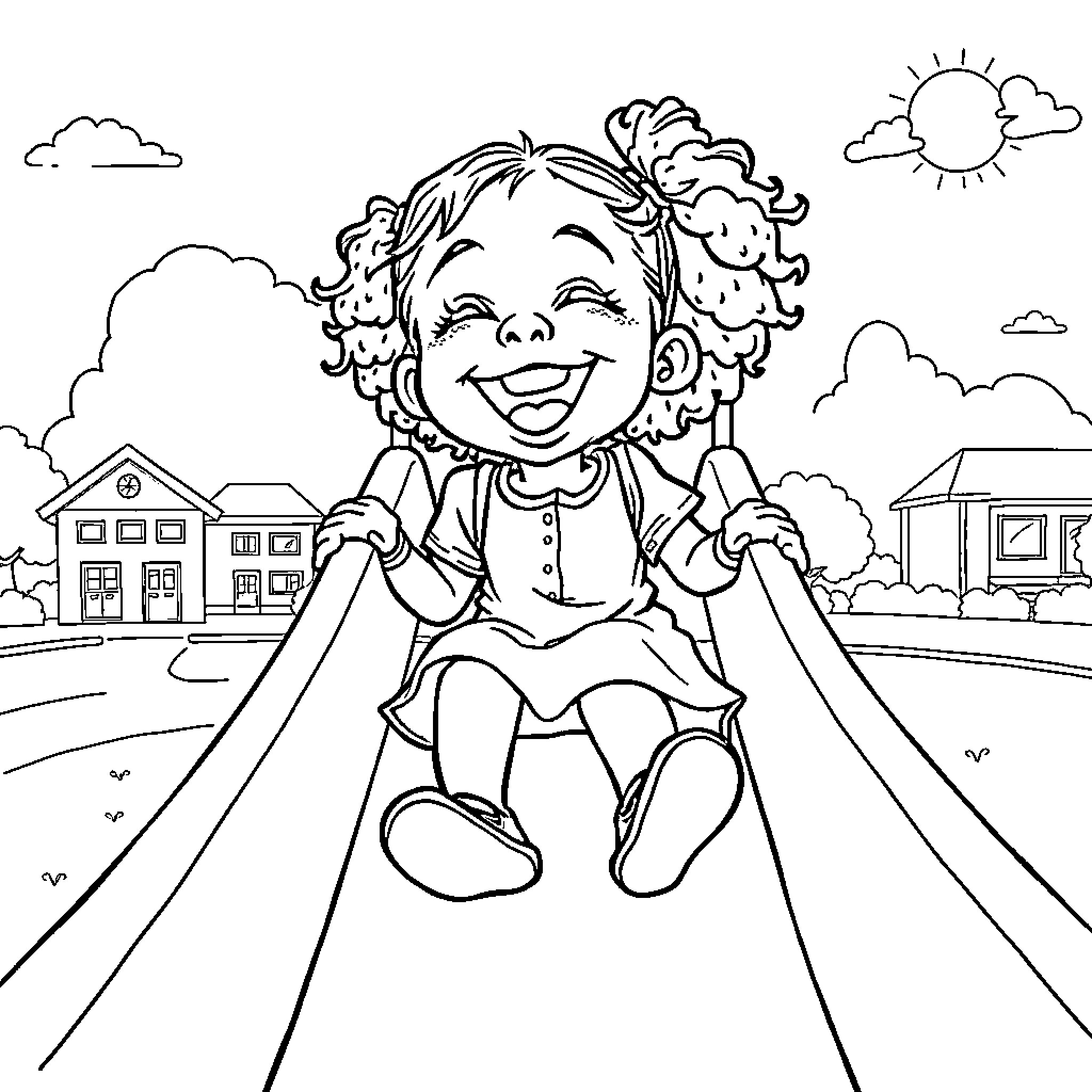 Girl joyfully playing on a swing in a neighborhood Coloring Page (free black-and-white line drawing printable PDF for all, from beginners to advanced learners, including children, teens, adults, and seniors)