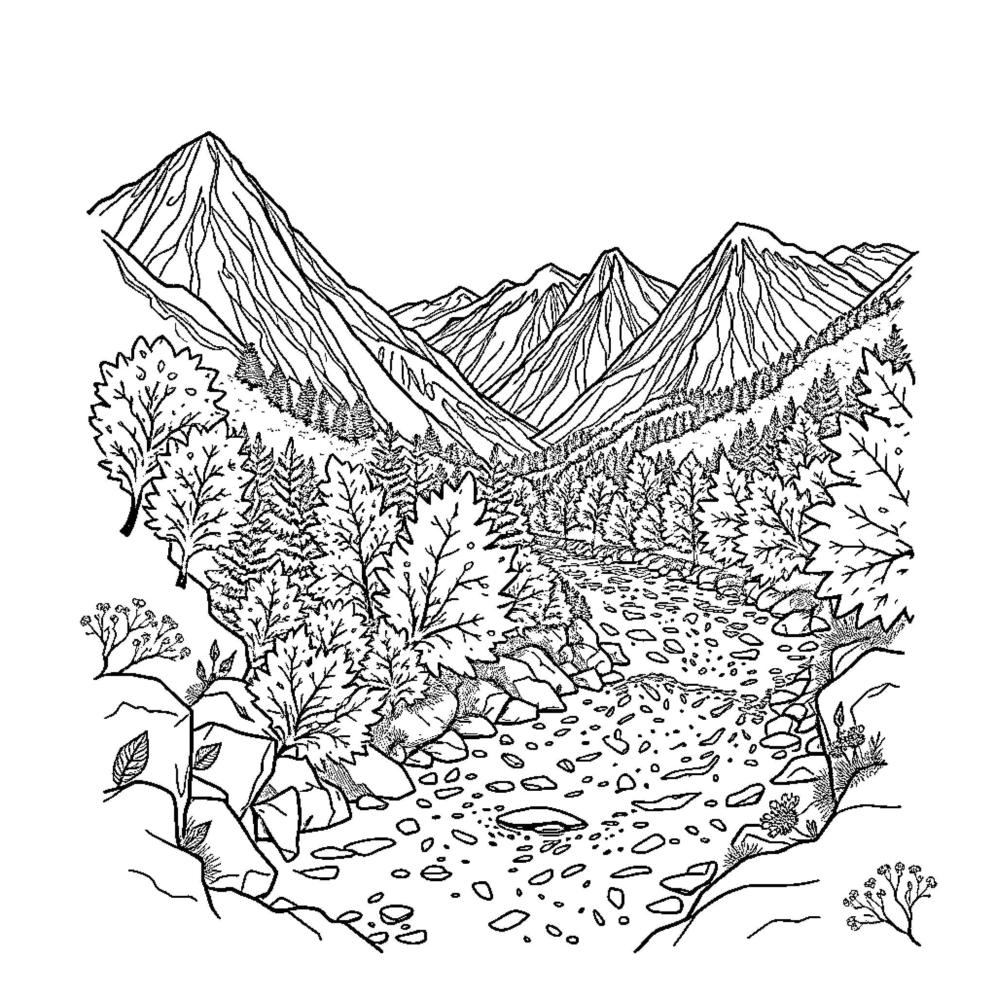 Mountain landscape with trail and vegetation Coloring Page (free black-and-white line drawing printable PDF for all, from beginners to advanced learners, including children, teens, adults, and seniors)