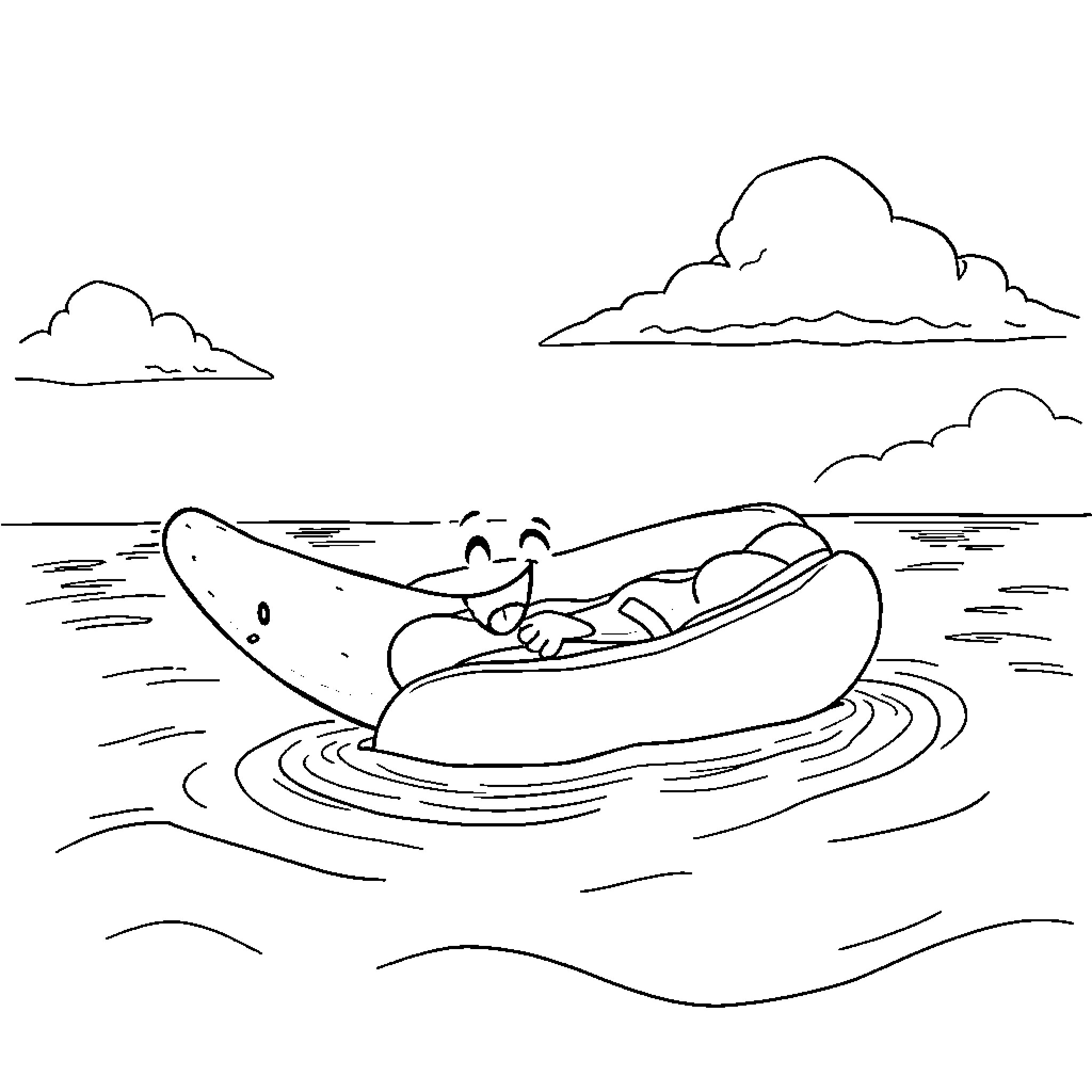 Hotdog surfing on a wave in the ocean Coloring Page (free black-and-white line drawing printable PDF for all, from beginners to advanced learners, including children, teens, adults, and seniors)