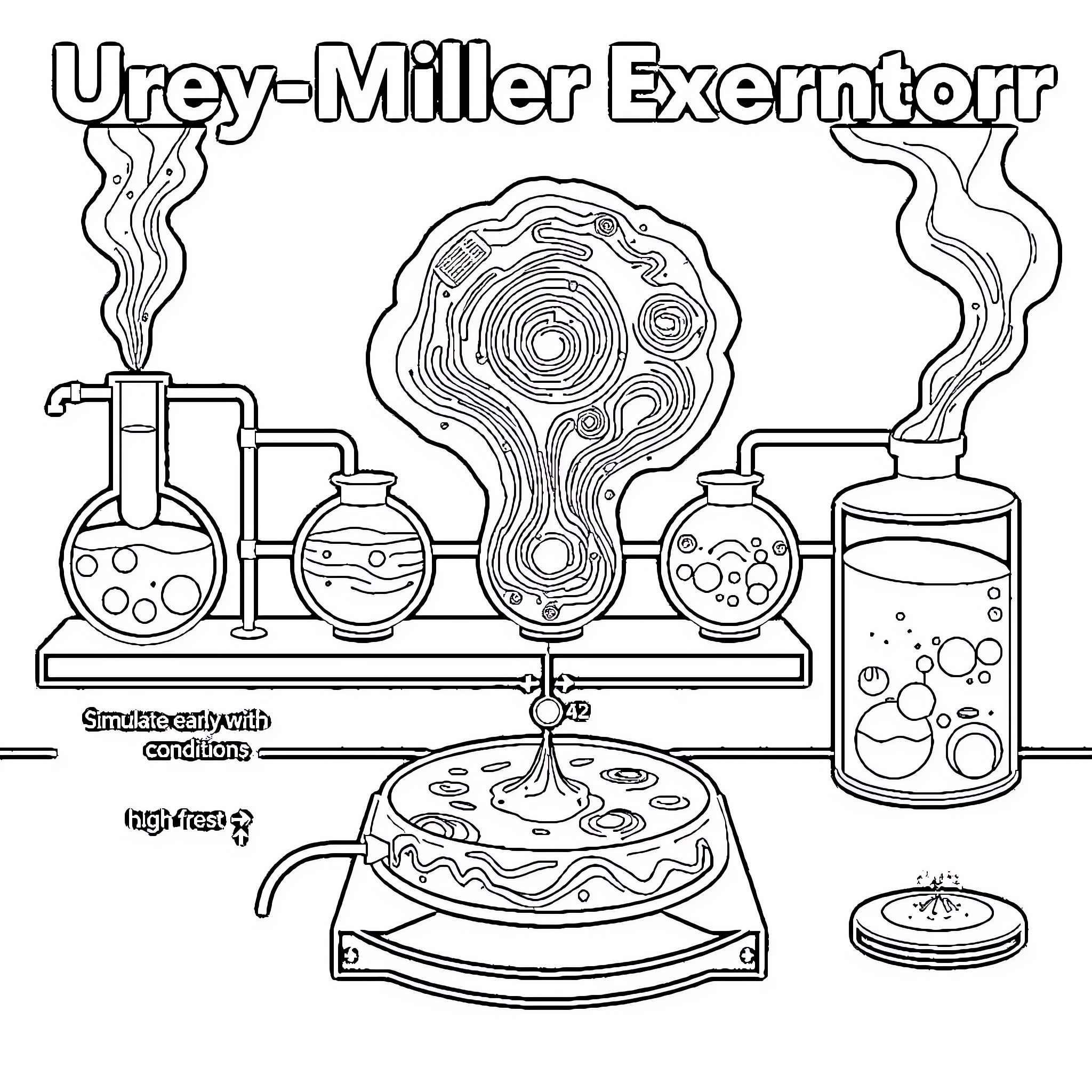 Urey - Miller Experiment: Simulating Primordial Conditions Coloring Page (free black-and-white line drawing printable PDF for all, from beginners to advanced learners, including children, teens, adults, and seniors)