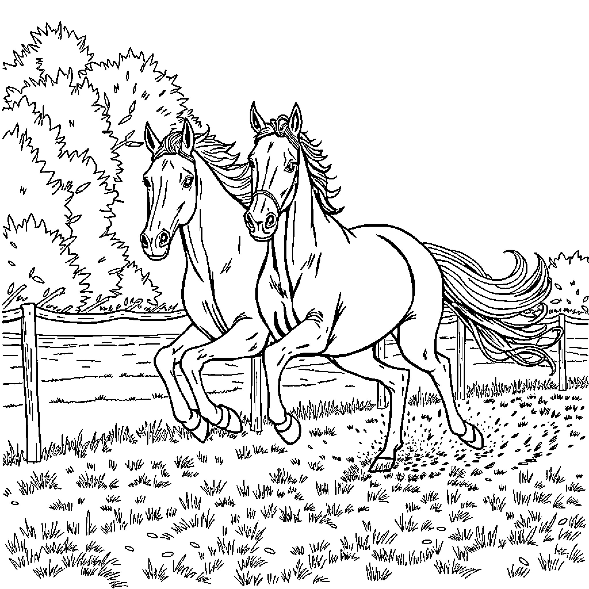 Cheval Horses Running Freely in the Pasture Coloring Page (free black-and-white line drawing printable PDF for all, from beginners to advanced learners, including children, teens, adults, and seniors)
