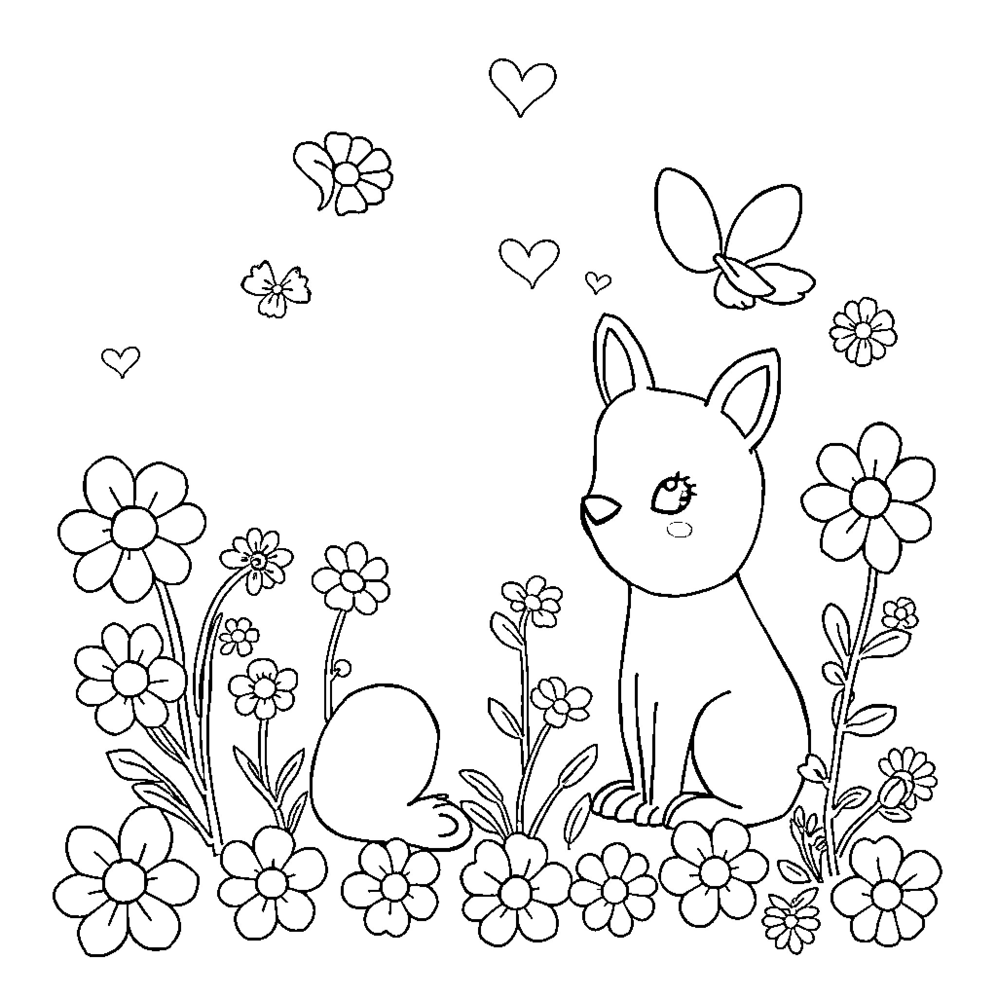 Cute Rabbit Playing in Flower Garden Coloring Page (free black-and-white line drawing printable PDF for all, from beginners to advanced learners, including children, teens, adults, and seniors)