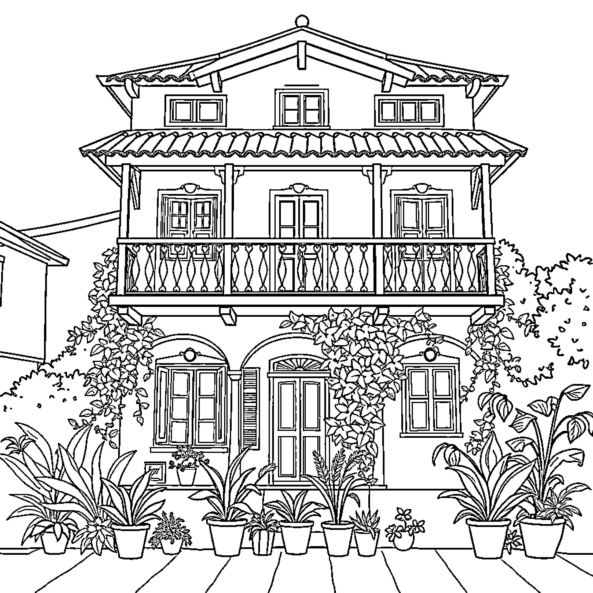 Casa with ornate balcony and lush garden Coloring Page (free black-and-white line drawing printable PDF for all, from beginners to advanced learners, including children, teens, adults, and seniors)