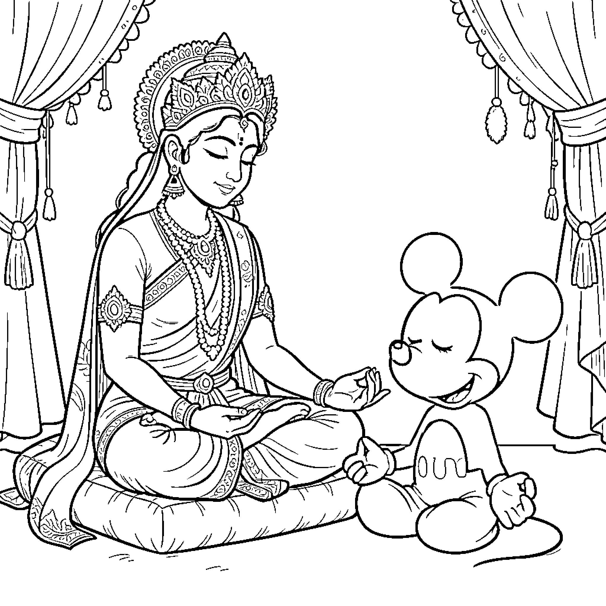 Goddess in meditative pose with whimsical companion Coloring Page (free black-and-white line drawing printable PDF for all, from beginners to advanced learners, including children, teens, adults, and seniors)