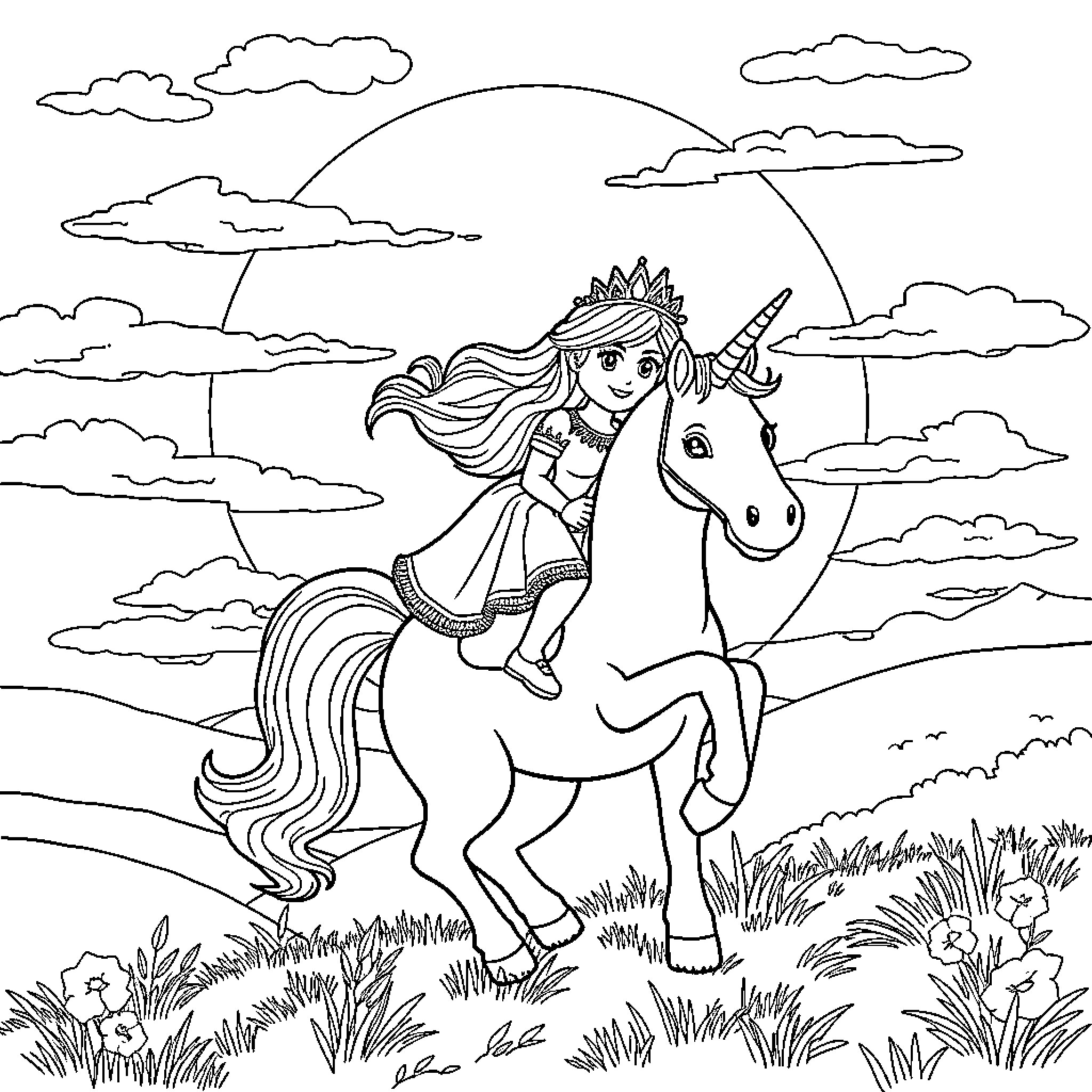 Unicorn princess riding her noble steed through the meadow Coloring Page (free black-and-white line drawing printable PDF for all, from beginners to advanced learners, including children, teens, adults, and seniors)
