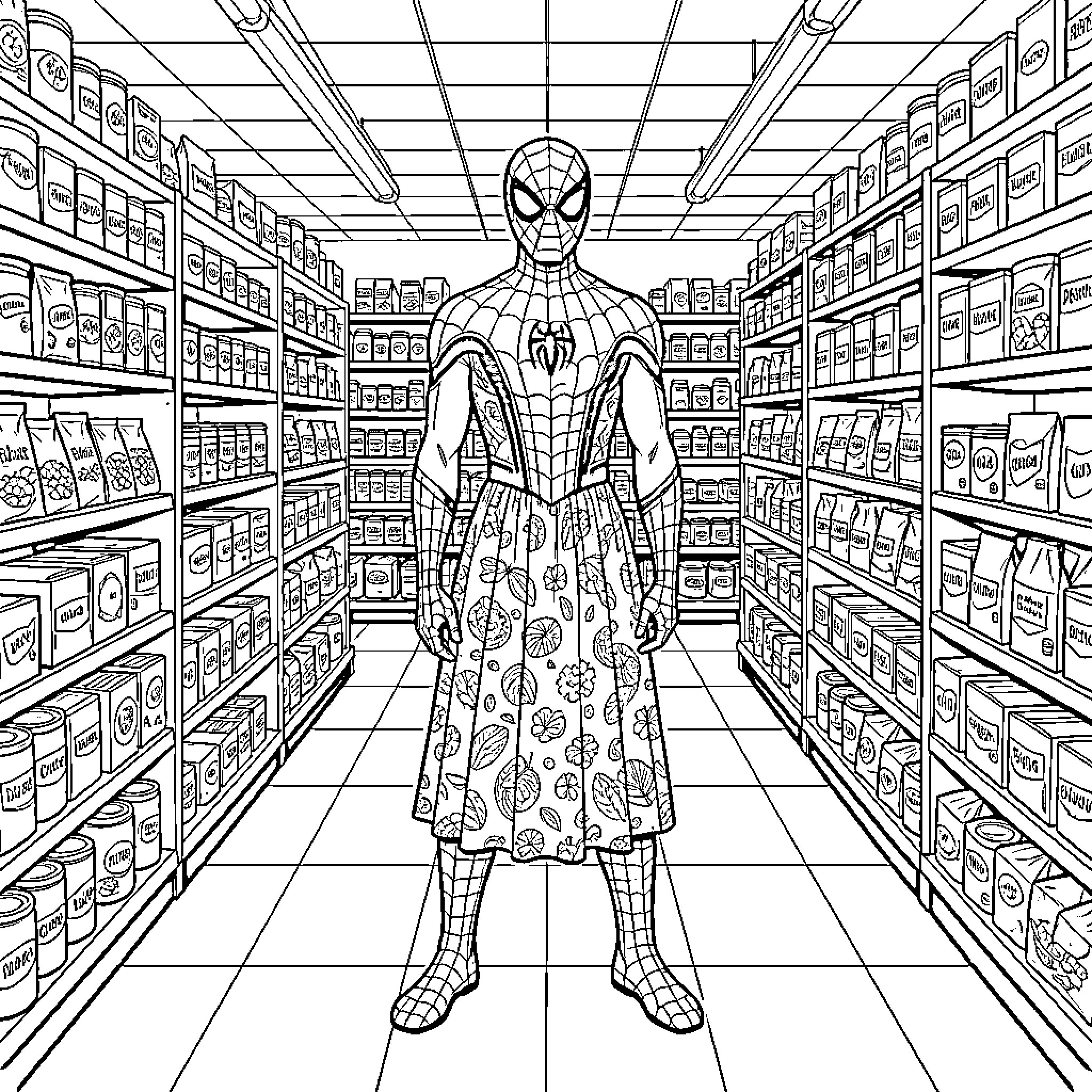 Spiderman exploring a supermarket full of goods Coloring Page (free black-and-white line drawing printable PDF for all, from beginners to advanced learners, including children, teens, adults, and seniors)