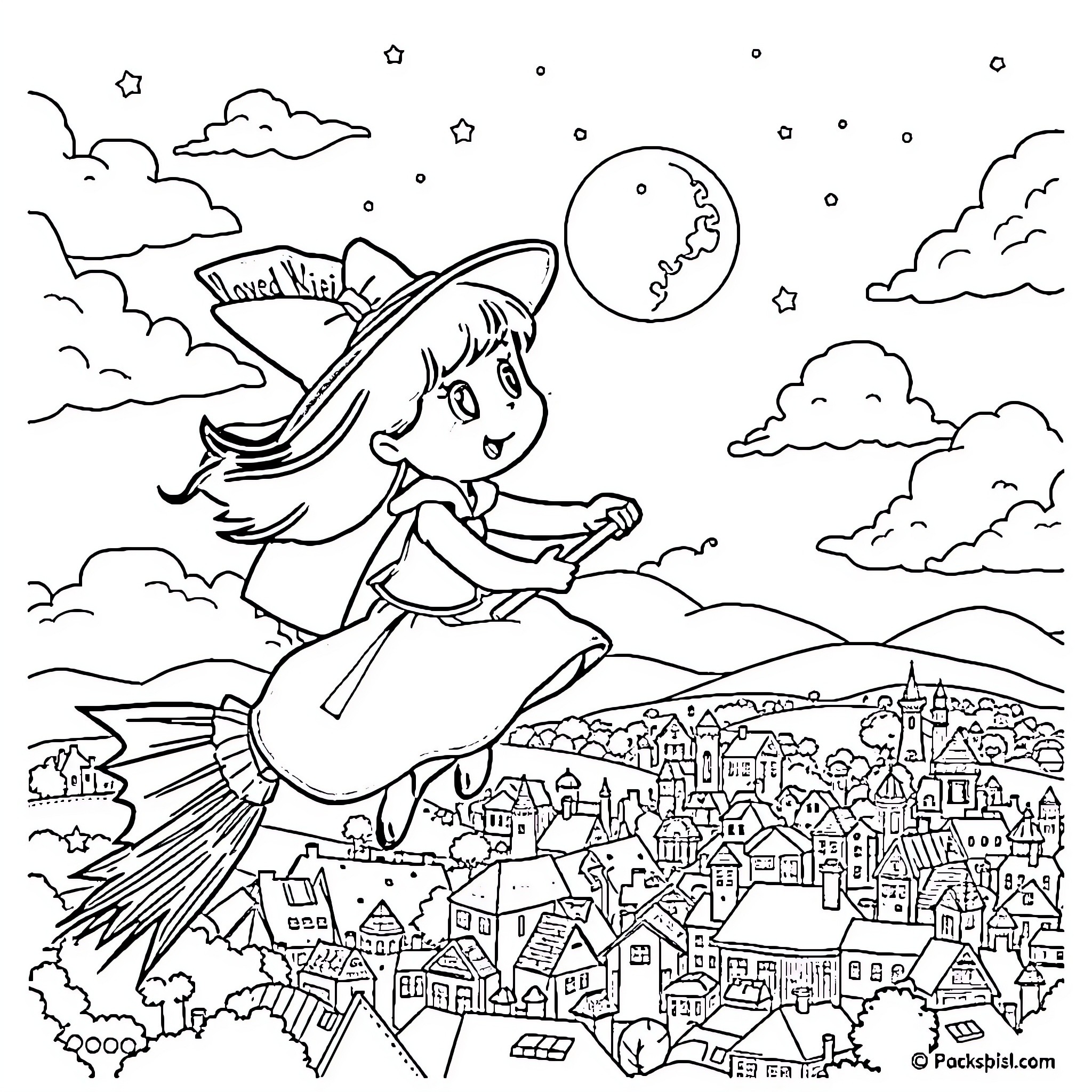 Kiki's Magical Flight Over the Town Coloring Page (free black-and-white line drawing printable PDF for all, from beginners to advanced learners, including children, teens, adults, and seniors)