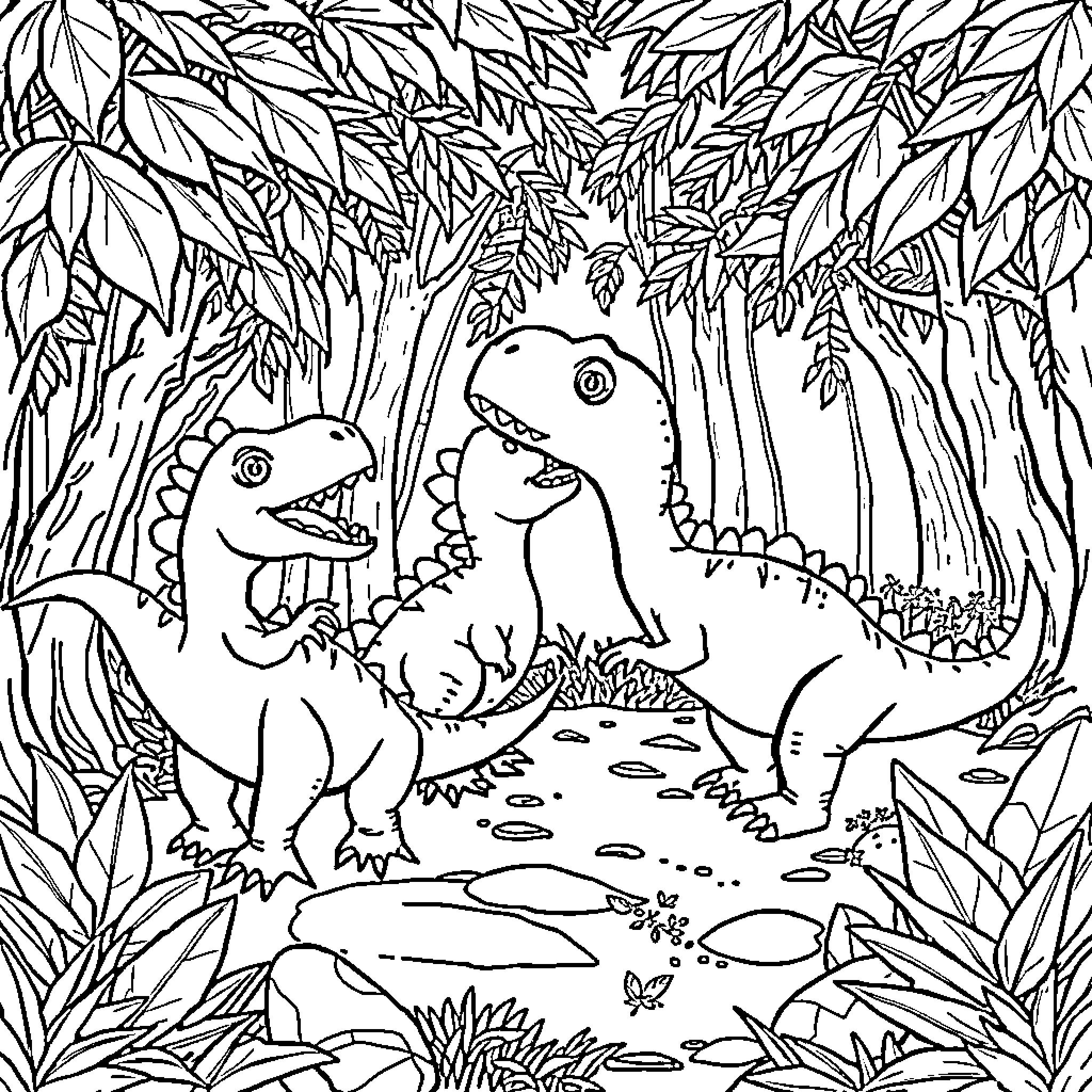 Baby Dinosaurs Playing in the Jungle Coloring Page (free black-and-white line drawing printable PDF for all, from beginners to advanced learners, including children, teens, adults, and seniors)