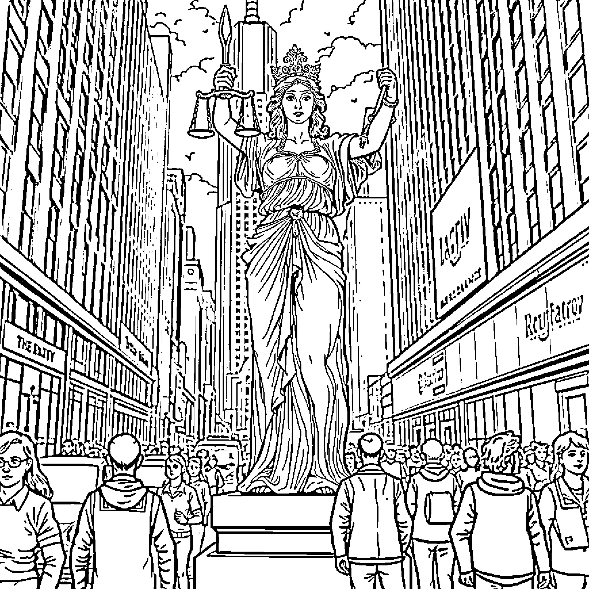 Lady Justice standing tall amidst the city hustle Coloring Page (free black-and-white line drawing printable PDF for all, from beginners to advanced learners, including children, teens, adults, and seniors)