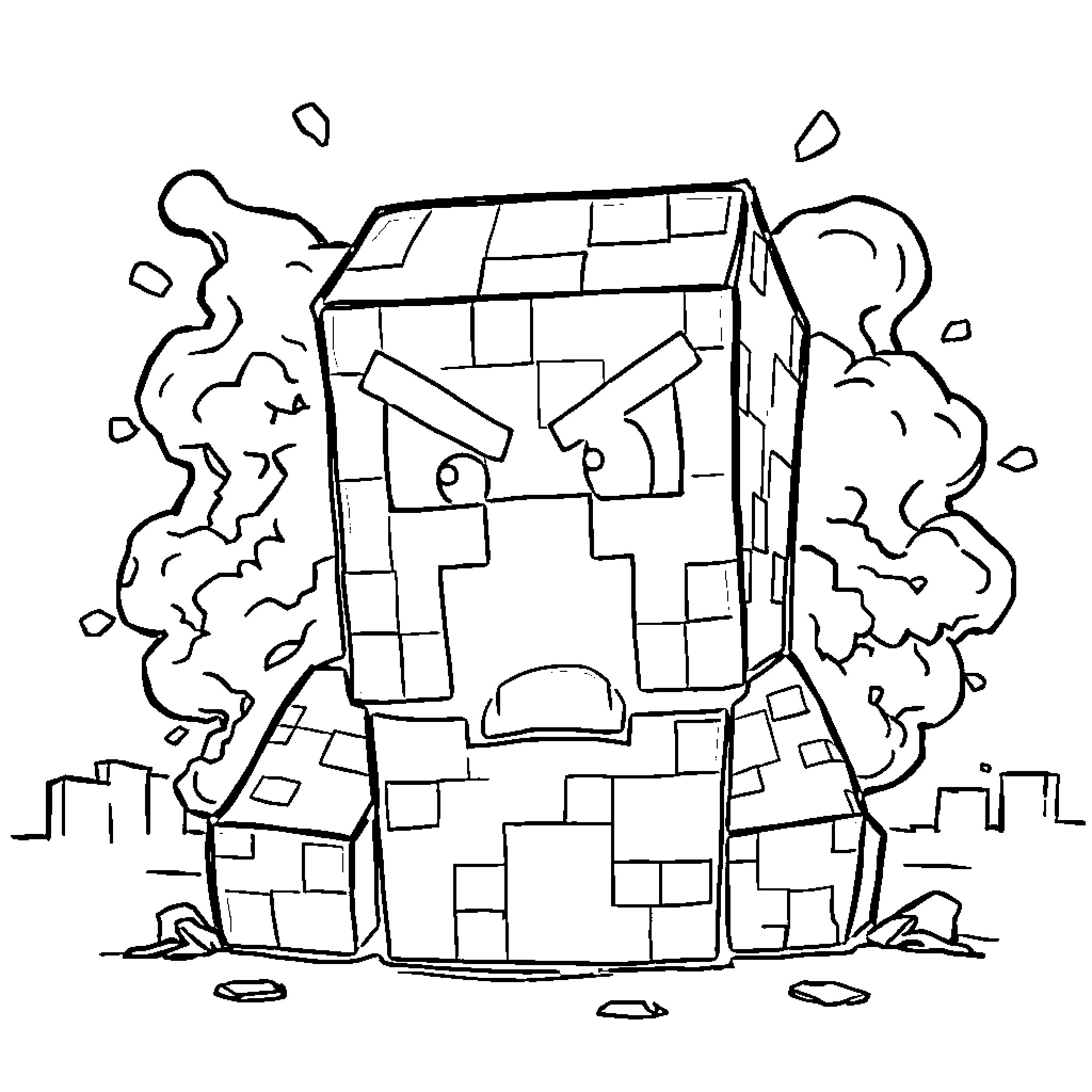 Creeper Emerging from Destroyed Building Coloring Page (free black-and-white line drawing printable PDF for all, from beginners to advanced learners, including children, teens, adults, and seniors)
