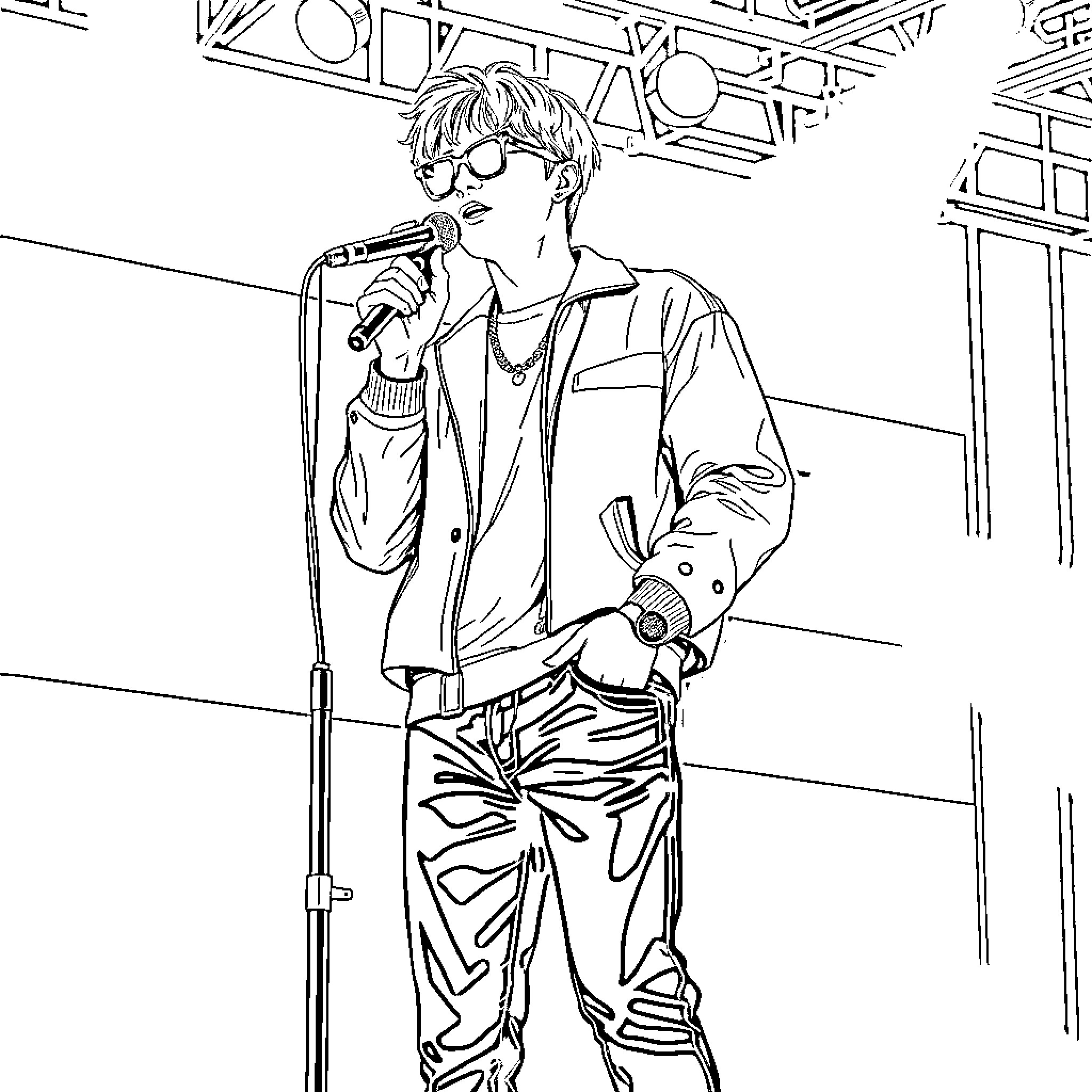 Yoongi performing on stage with confidence Coloring Page (free black-and-white line drawing printable PDF for all, from beginners to advanced learners, including children, teens, adults, and seniors)