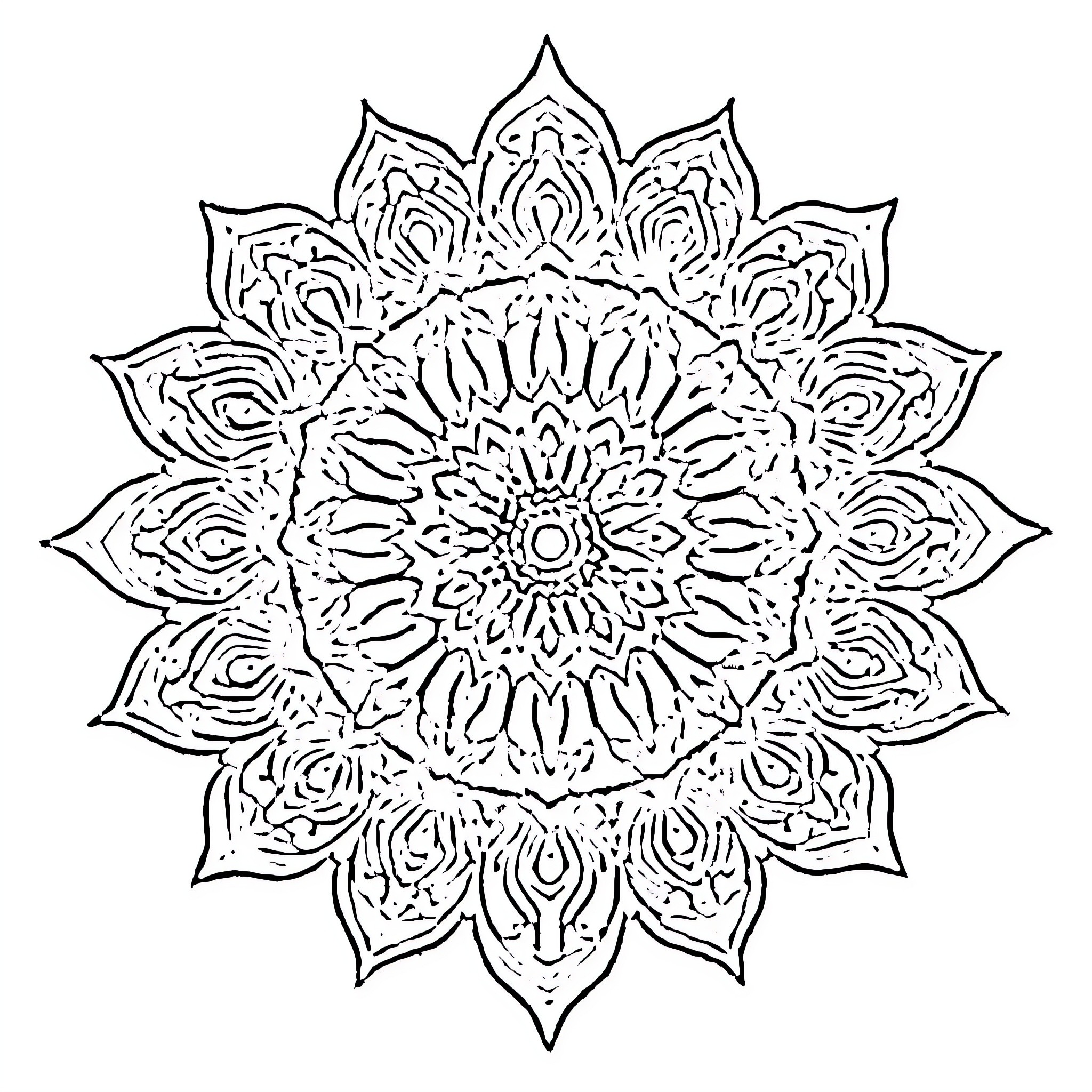 Mandala of intricate floral patterns Coloring Page (free black-and-white line drawing printable PDF for all, from beginners to advanced learners, including children, teens, adults, and seniors)