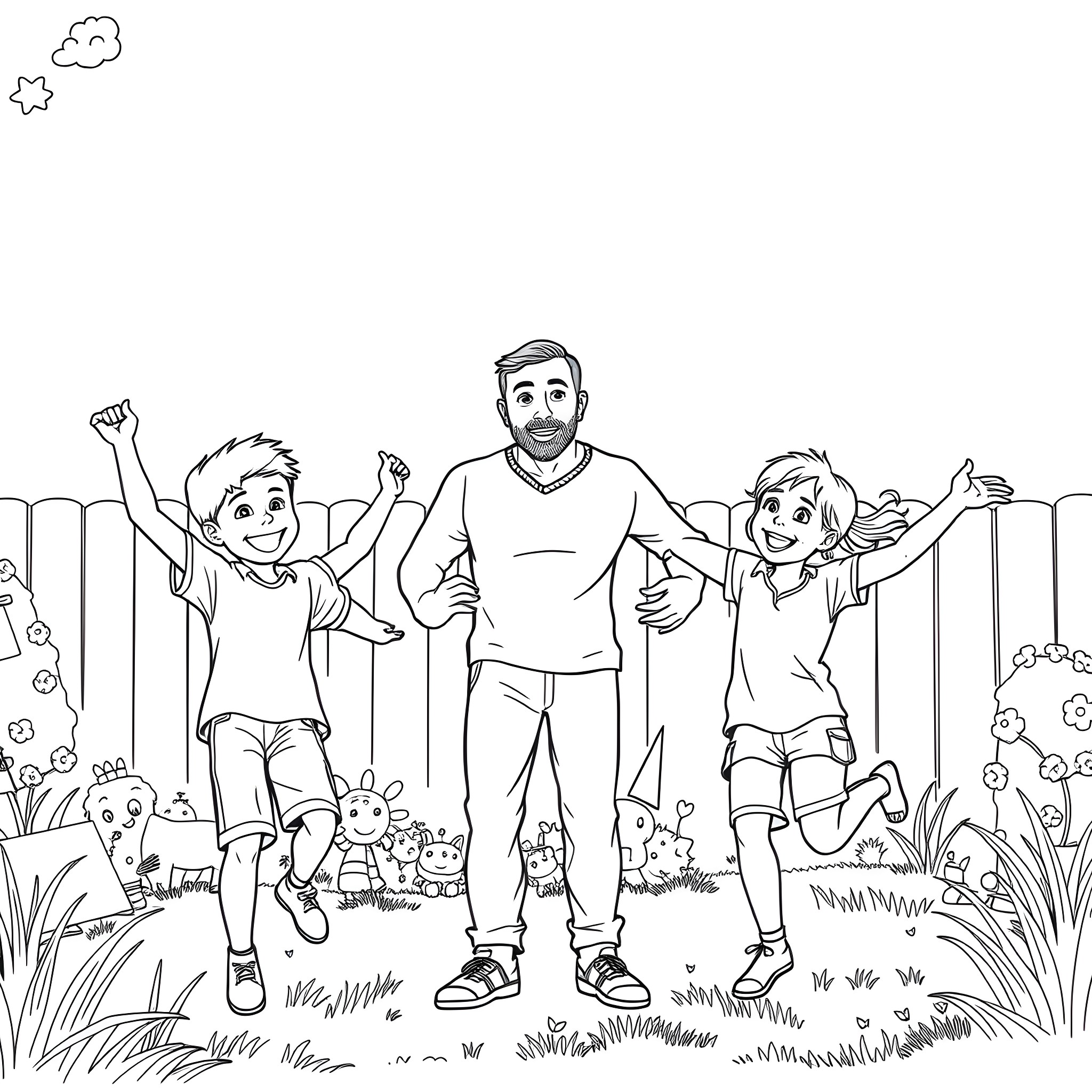 Child and family playing happily outdoors Coloring Page (free black-and-white line drawing printable PDF for all, from beginners to advanced learners, including children, teens, adults, and seniors)
