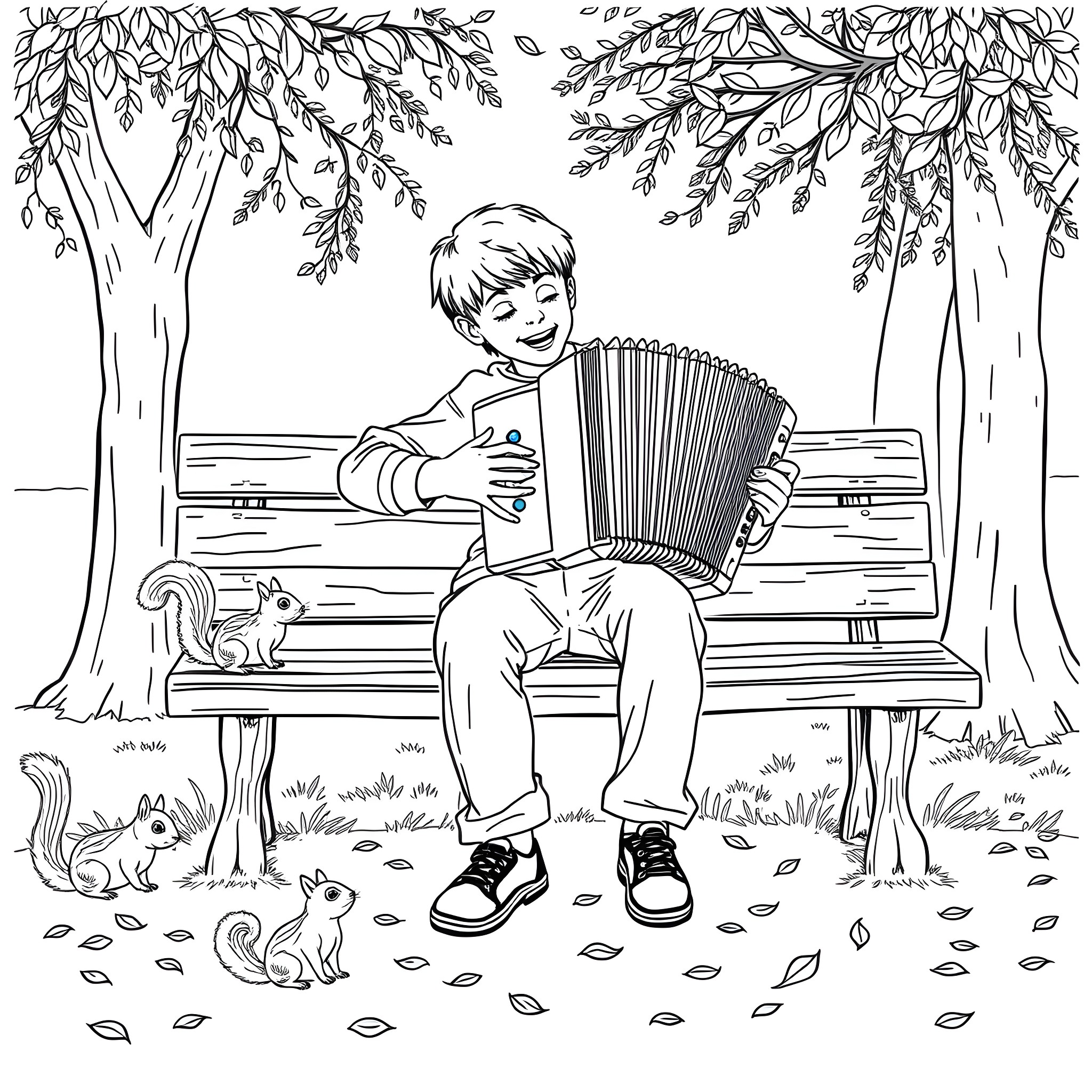 Accordion player serenading in the autumn park Coloring Page (free black-and-white line drawing printable PDF for all, from beginners to advanced learners, including children, teens, adults, and seniors)