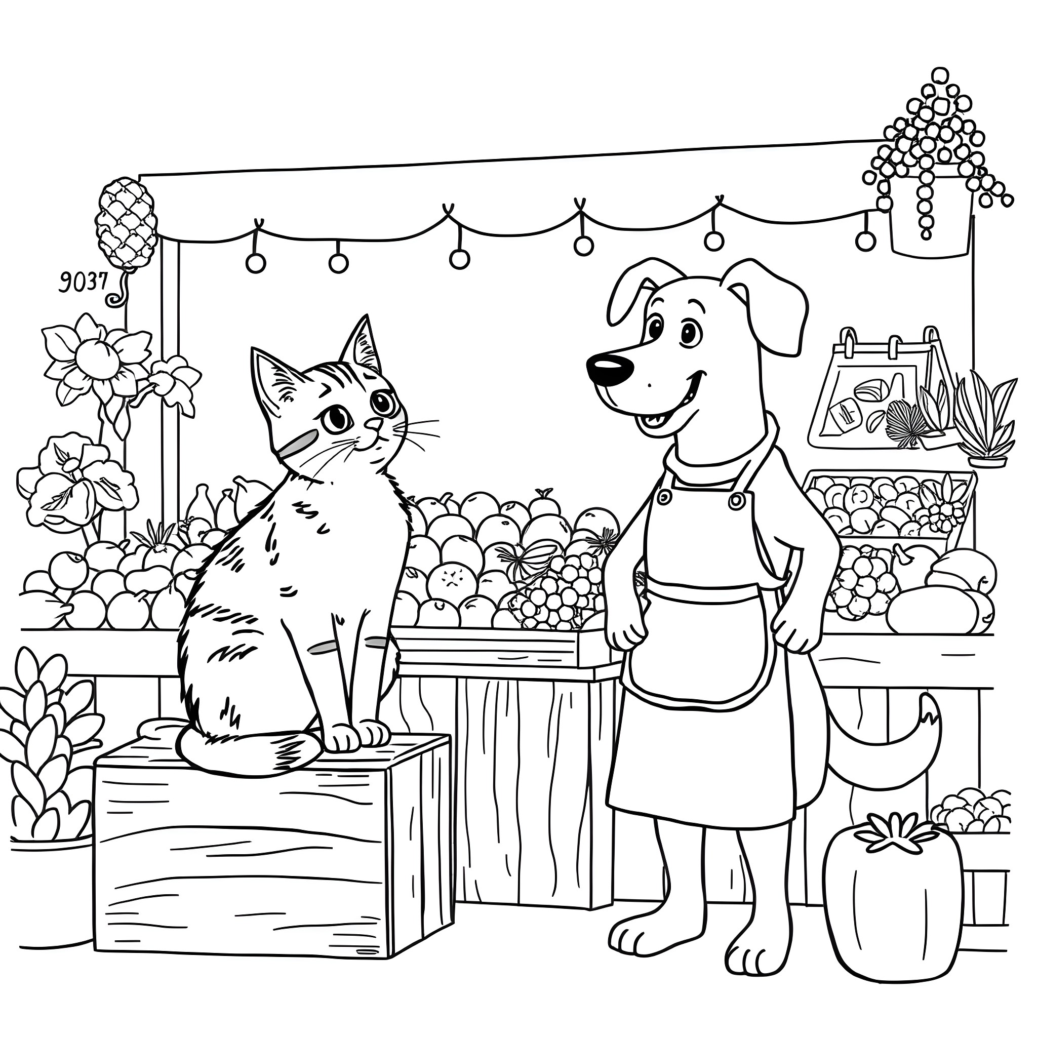 Cat and dog in friendly market Coloring Page (free black-and-white line drawing printable PDF for all, from beginners to advanced learners, including children, teens, adults, and seniors)