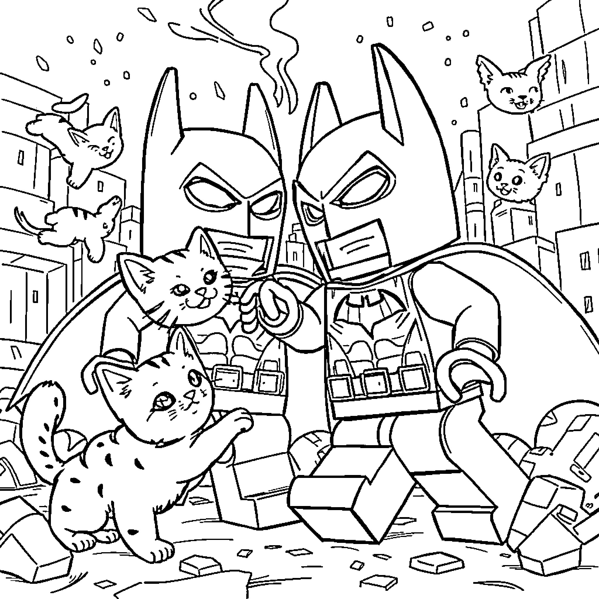Lego Batman surrounded by playful cats in a city Coloring Page (free black-and-white line drawing printable PDF for all, from beginners to advanced learners, including children, teens, adults, and seniors)