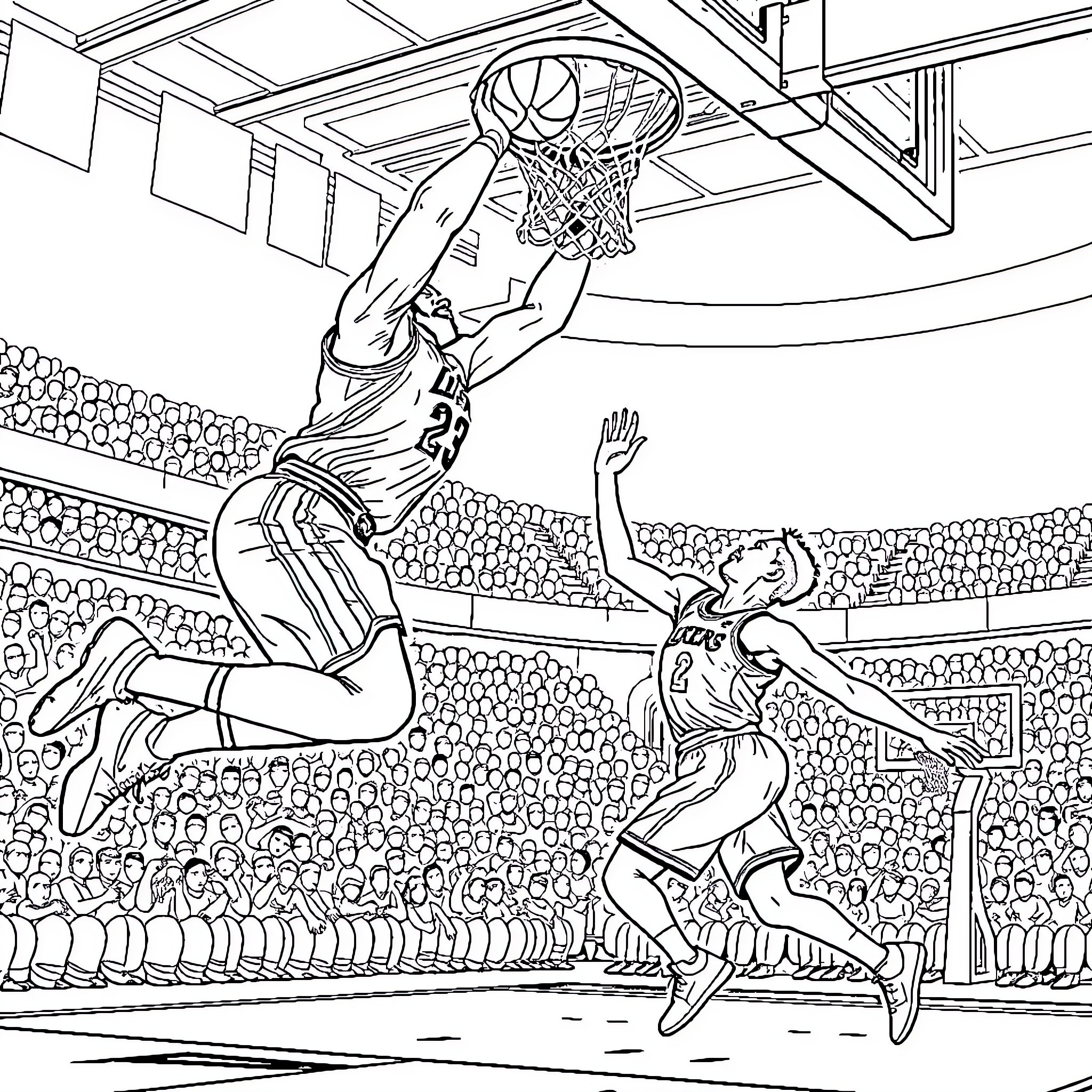 LeBron Slam Dunking Over Opponent in Basketball Arena Coloring Page (free black-and-white line drawing printable PDF for all, from beginners to advanced learners, including children, teens, adults, and seniors)
