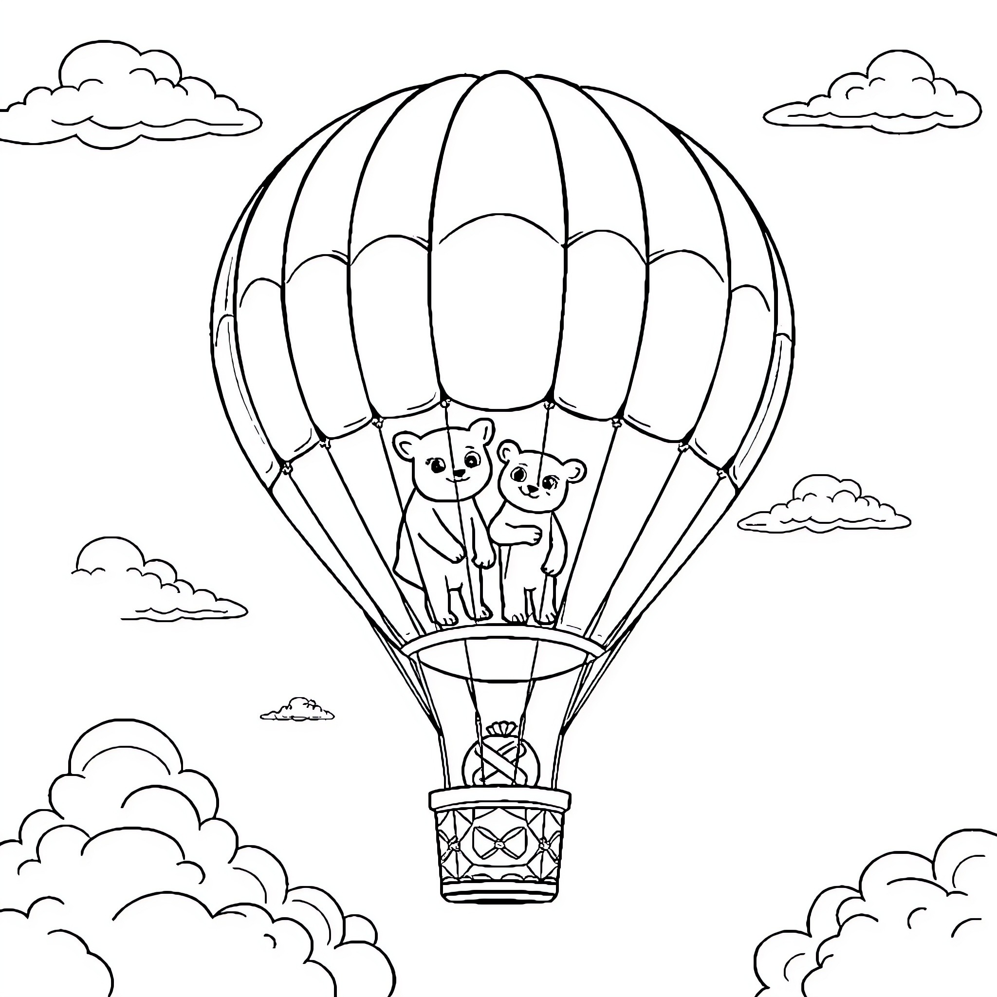 Balloon ride with cute animal passengers Coloring Page (free black-and-white line drawing printable PDF for all, from beginners to advanced learners, including children, teens, adults, and seniors)