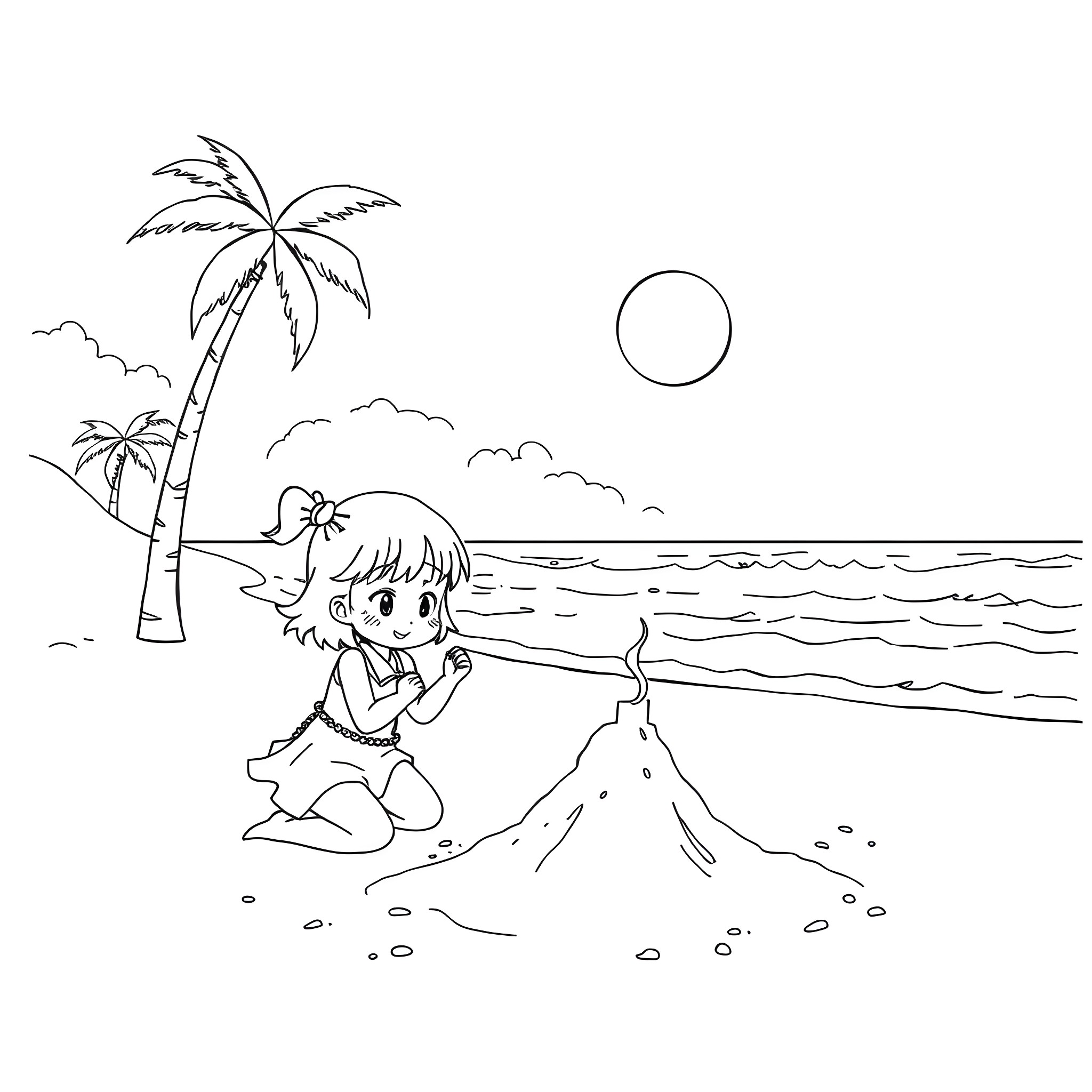 Shinobu playing by the beachside Coloring Page (free black-and-white line drawing printable PDF for all, from beginners to advanced learners, including children, teens, adults, and seniors)