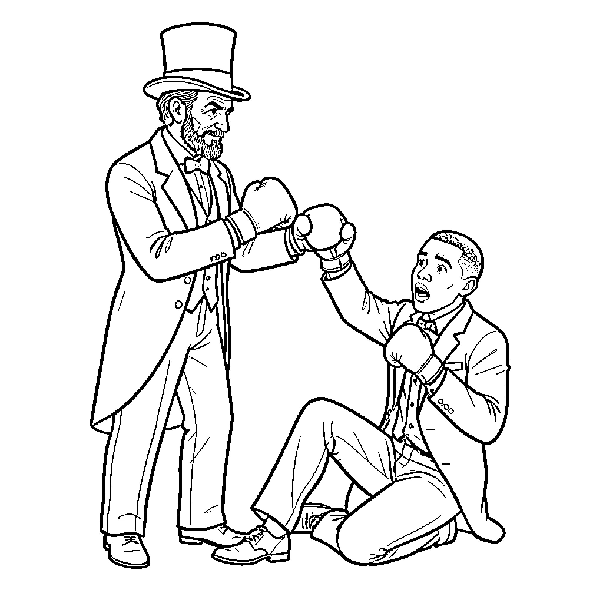 Abraham Lincoln boxing with another man in formal attire Coloring Page (free black-and-white line drawing printable PDF for all, from beginners to advanced learners, including children, teens, adults, and seniors)